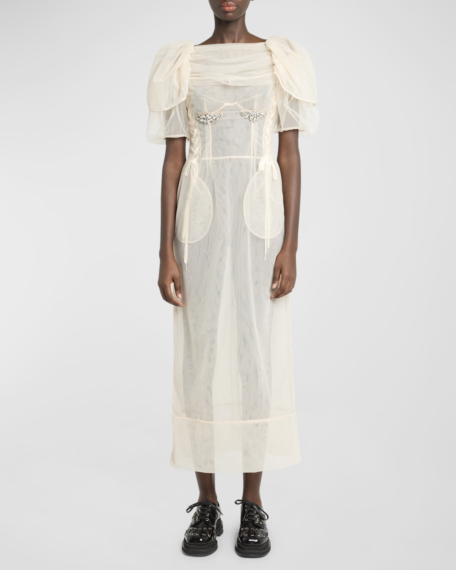 Simone Rocha Crystal Petal-Sleeve Laced Corset Midi Dress | Neiman Marcus