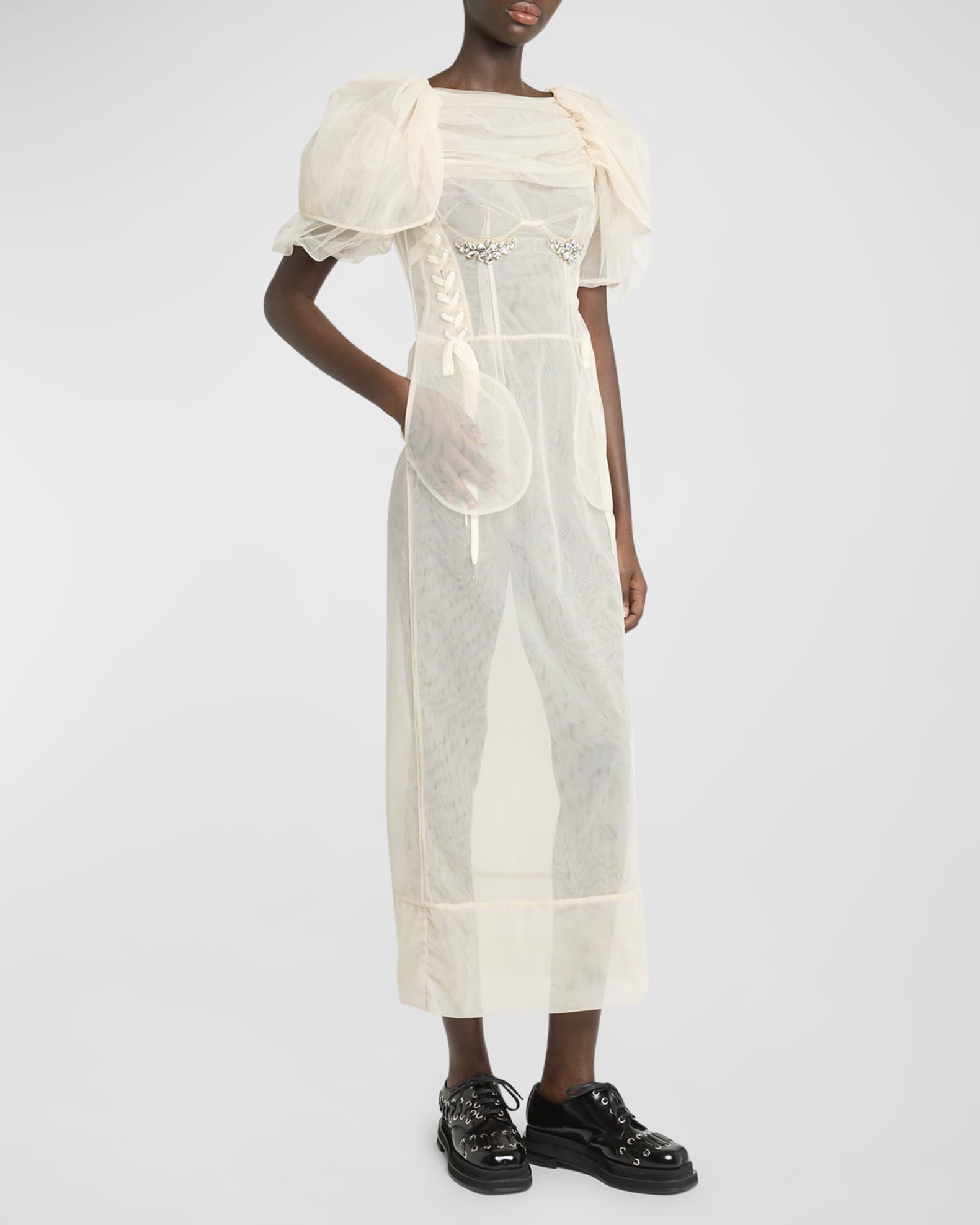 Simone Rocha Crystal Petal-Sleeve Laced Corset Midi Dress | Neiman Marcus
