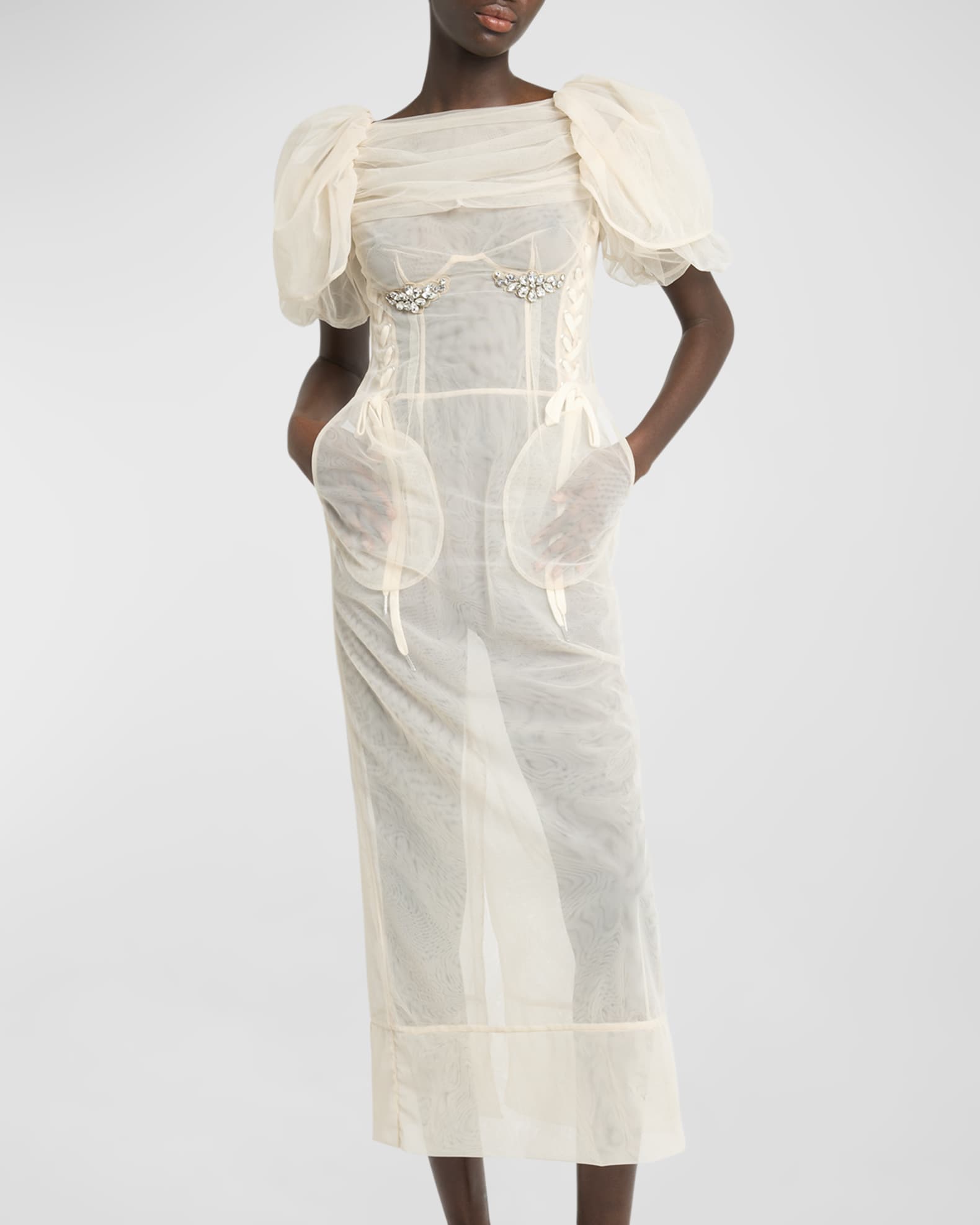 Simone Rocha Crystal Petal-Sleeve Laced Corset Midi Dress | Neiman Marcus
