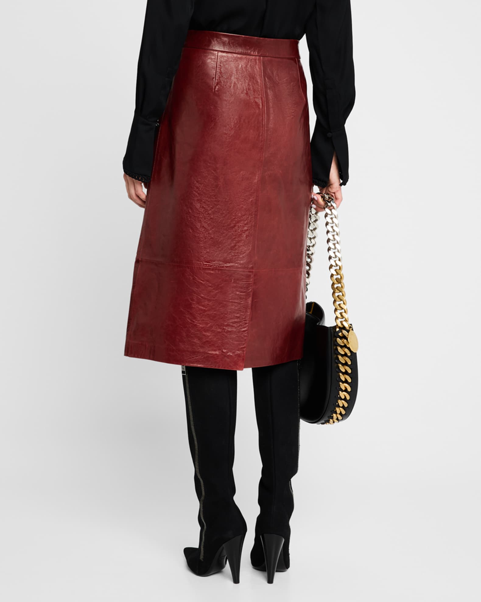 Lafayette 148 New York A-Line Faux Wrap Leather Midi Skirt | Neiman Marcus