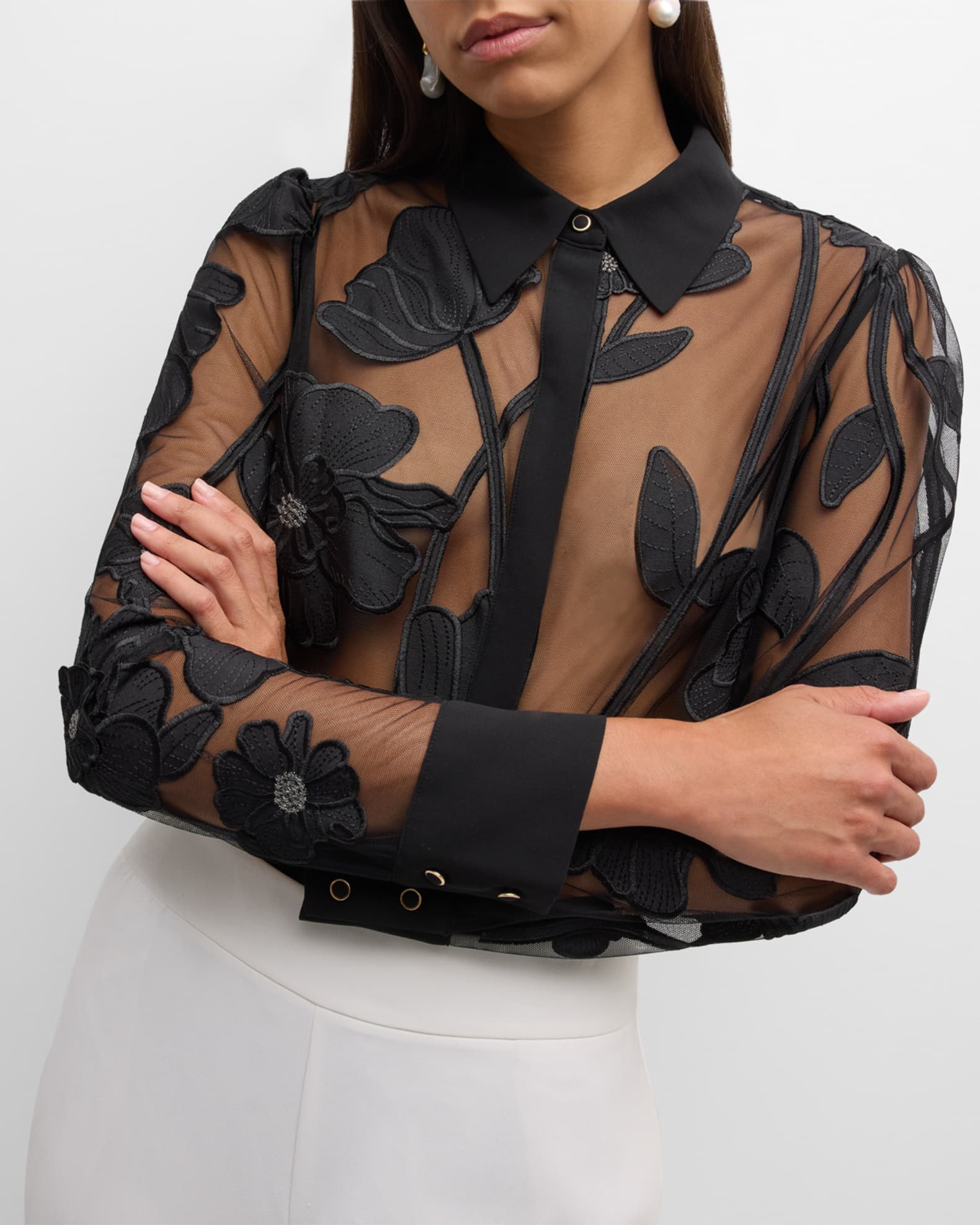 Black sheer floral embroidered top online