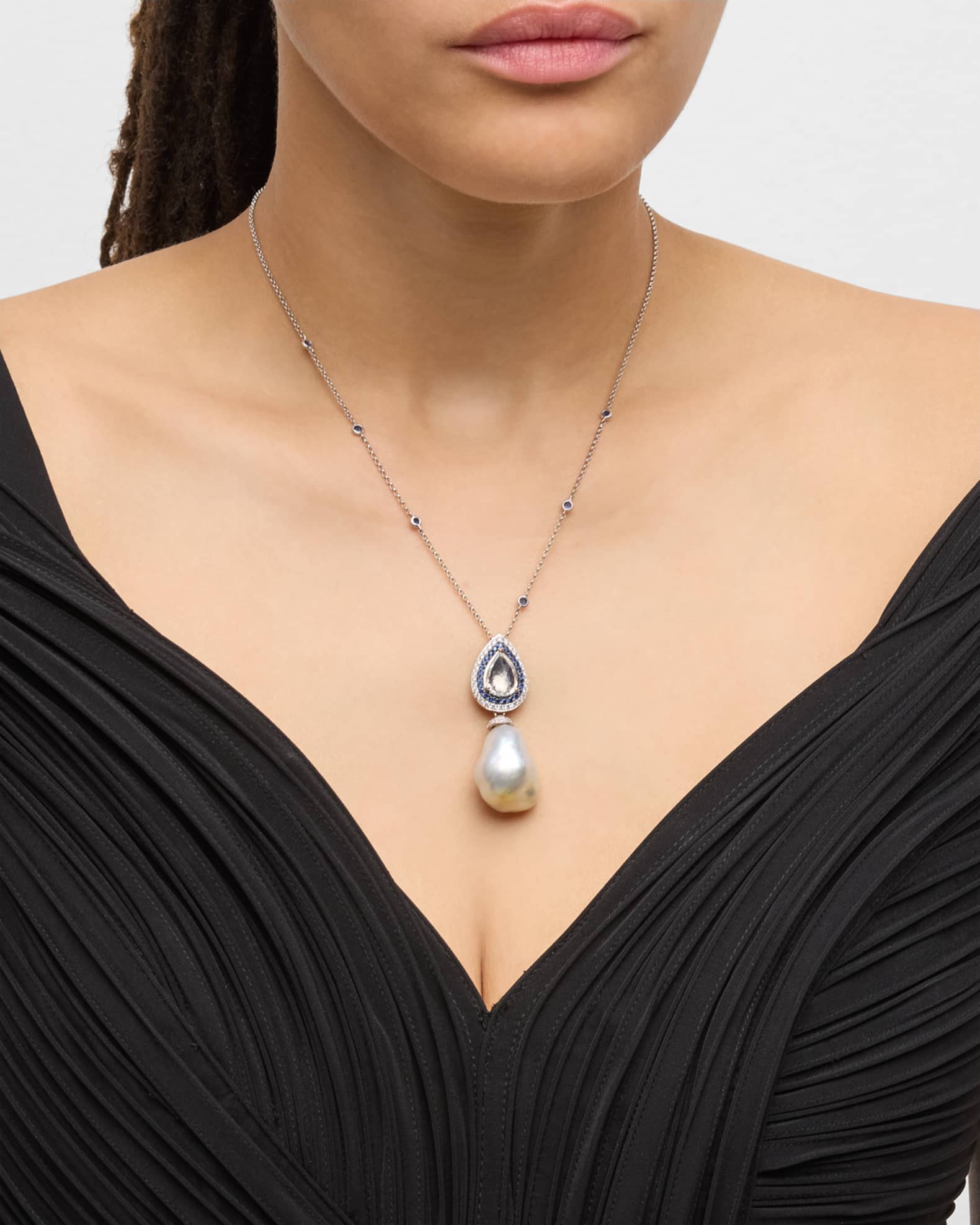 18K White Gold Moonstone, Sapphire and Diamond Necklace with Pearl Pendant, 18"L 1