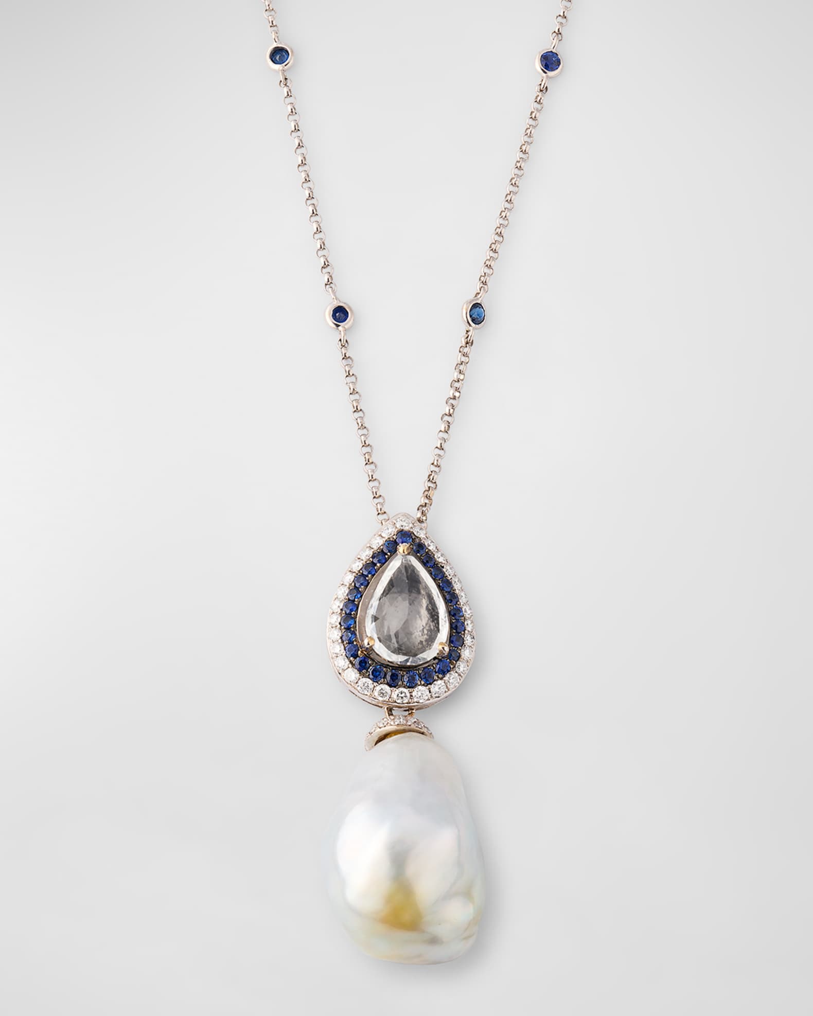 18K White Gold Moonstone, Sapphire and Diamond Necklace with Pearl Pendant, 18"L 0