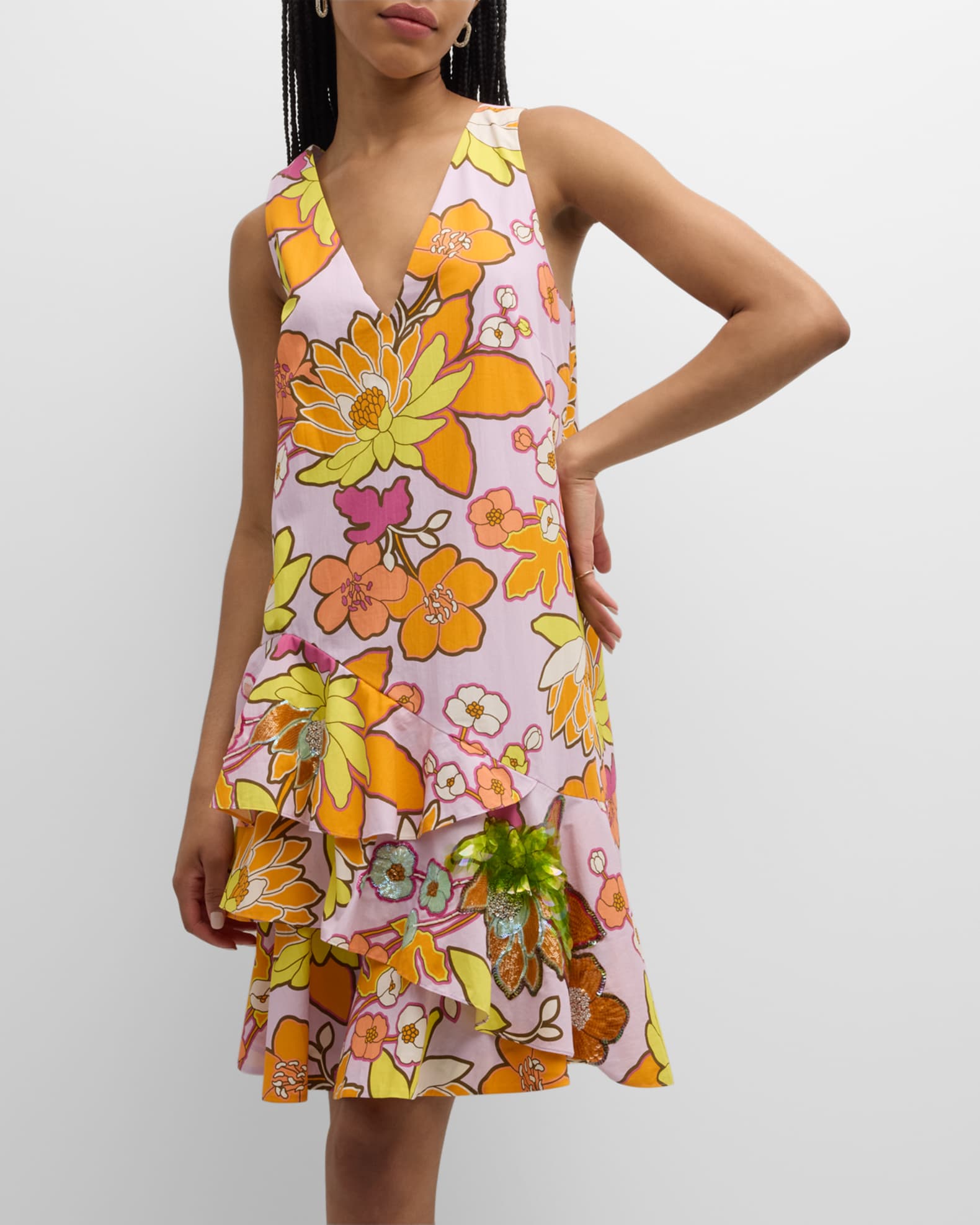 Ungaro Sleeveless Floral-Print Ruffle Dress | Neiman Marcus