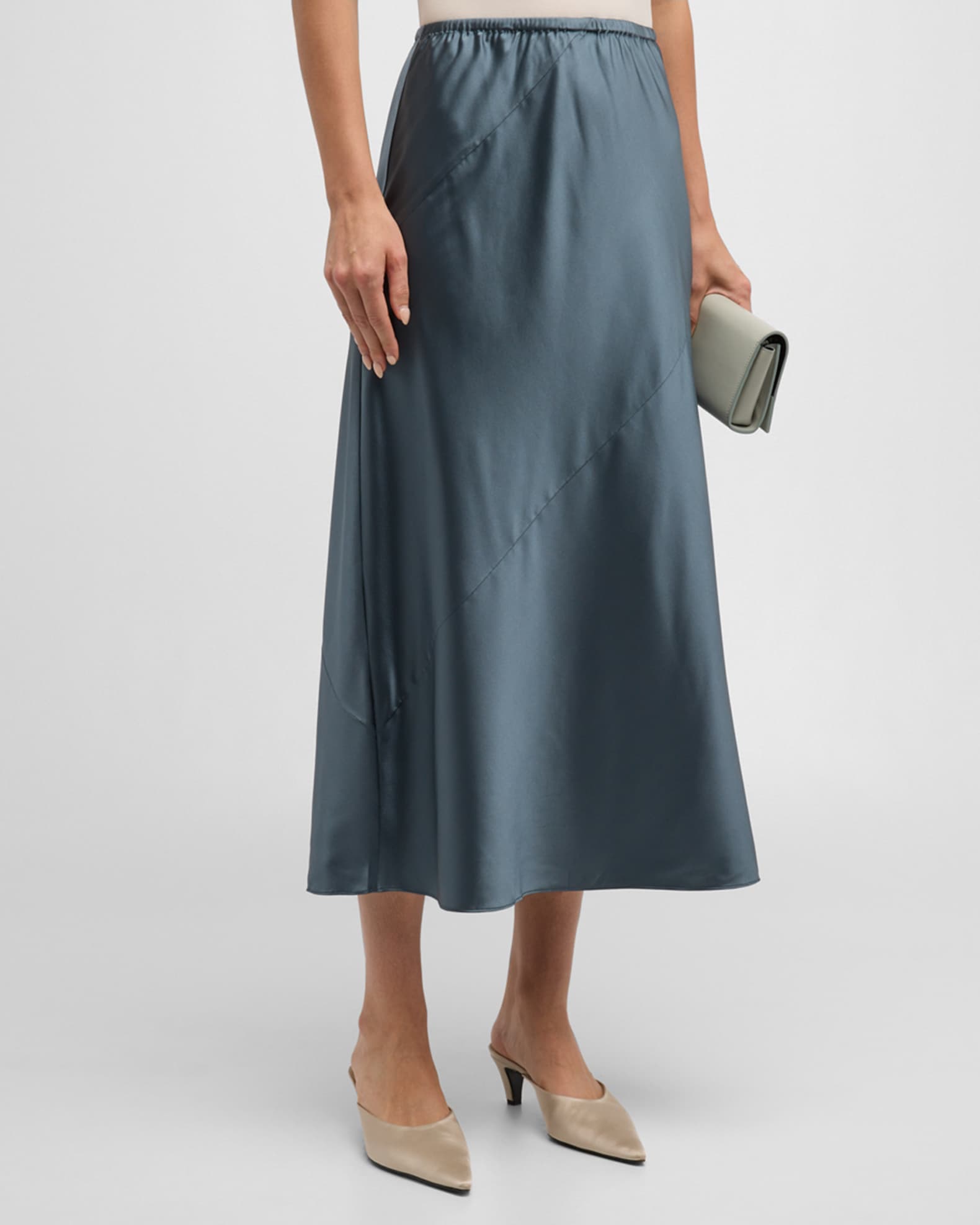 Eileen Fisher Bias Stretch Silk Charmeuse A Line Pull On Midi Skirt Xs