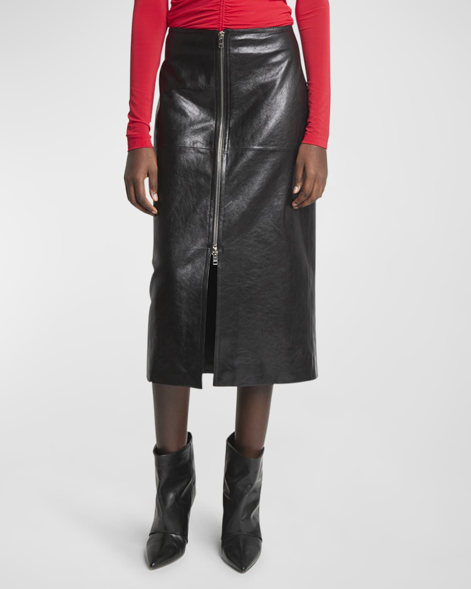 Ediaz Leather Zip-Front Midi Skirt 1