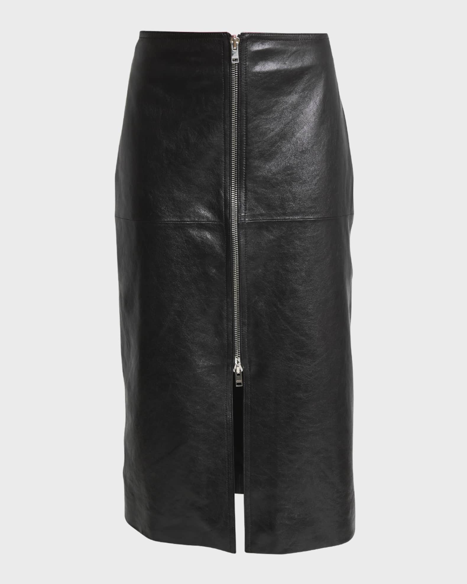 Ediaz Leather Zip-Front Midi Skirt 0