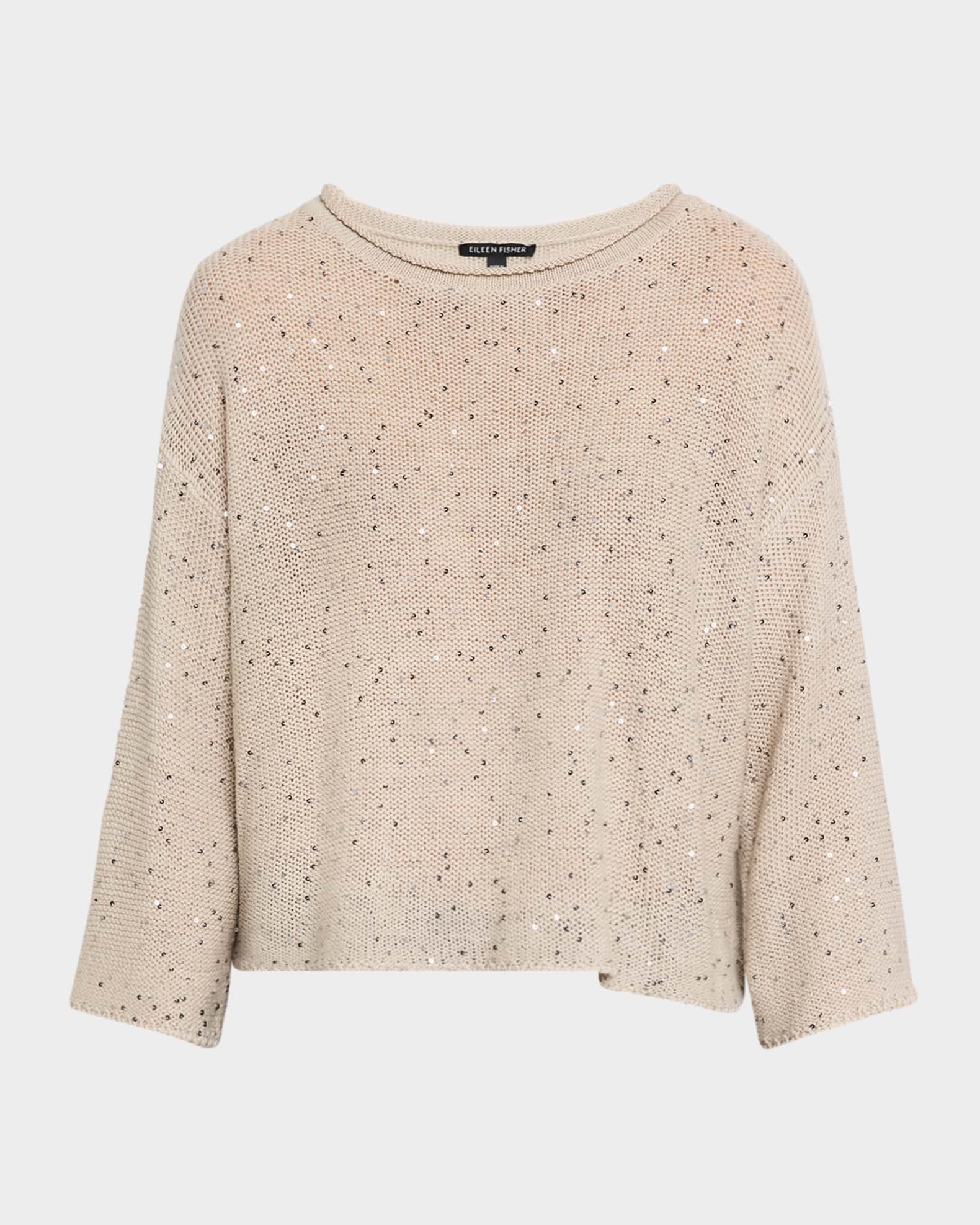 Eileen Fisher Scoop Neck Sequin Merino Wool Sweater Chalk