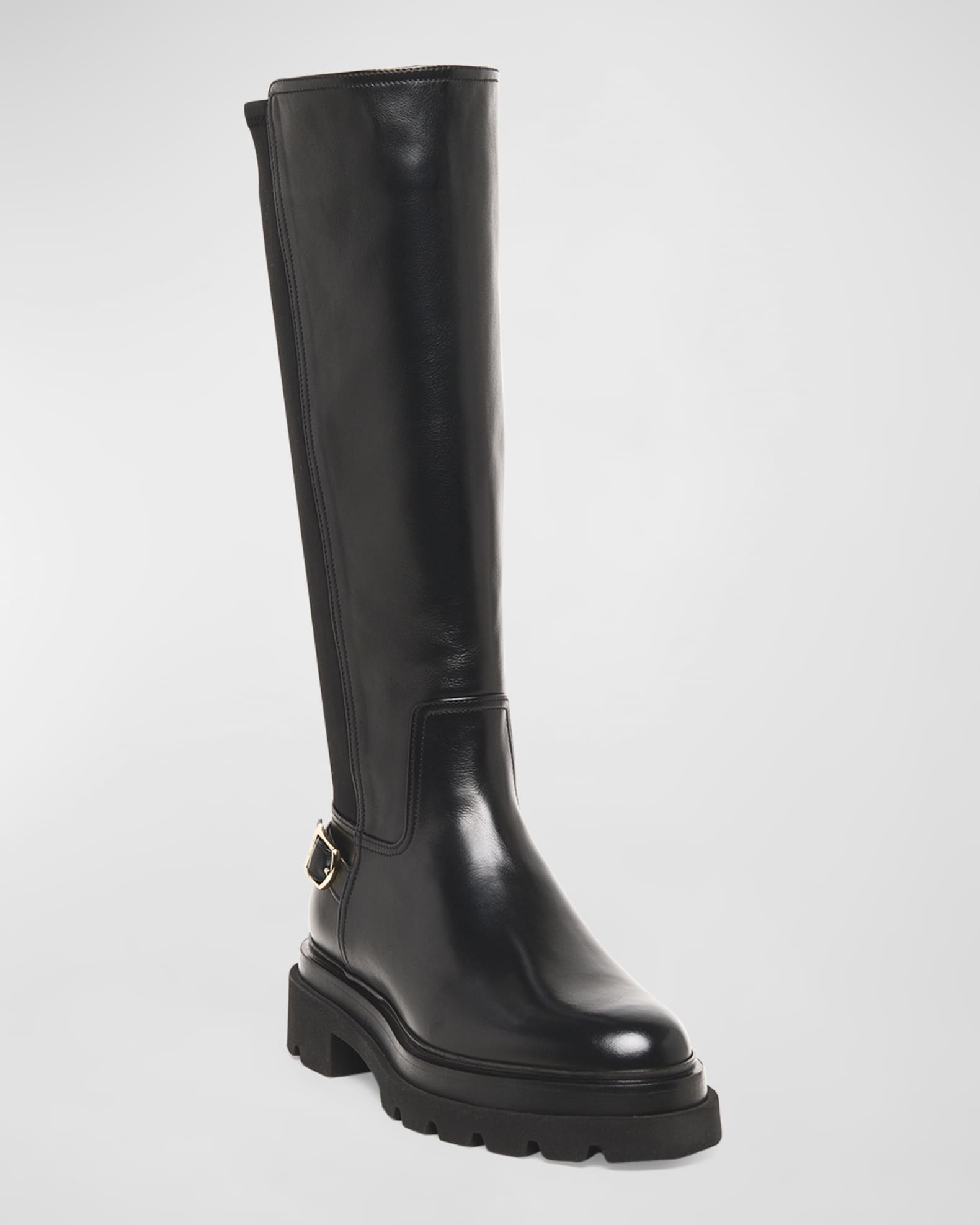 Leather Stretch Buckle Knee Boots 1
