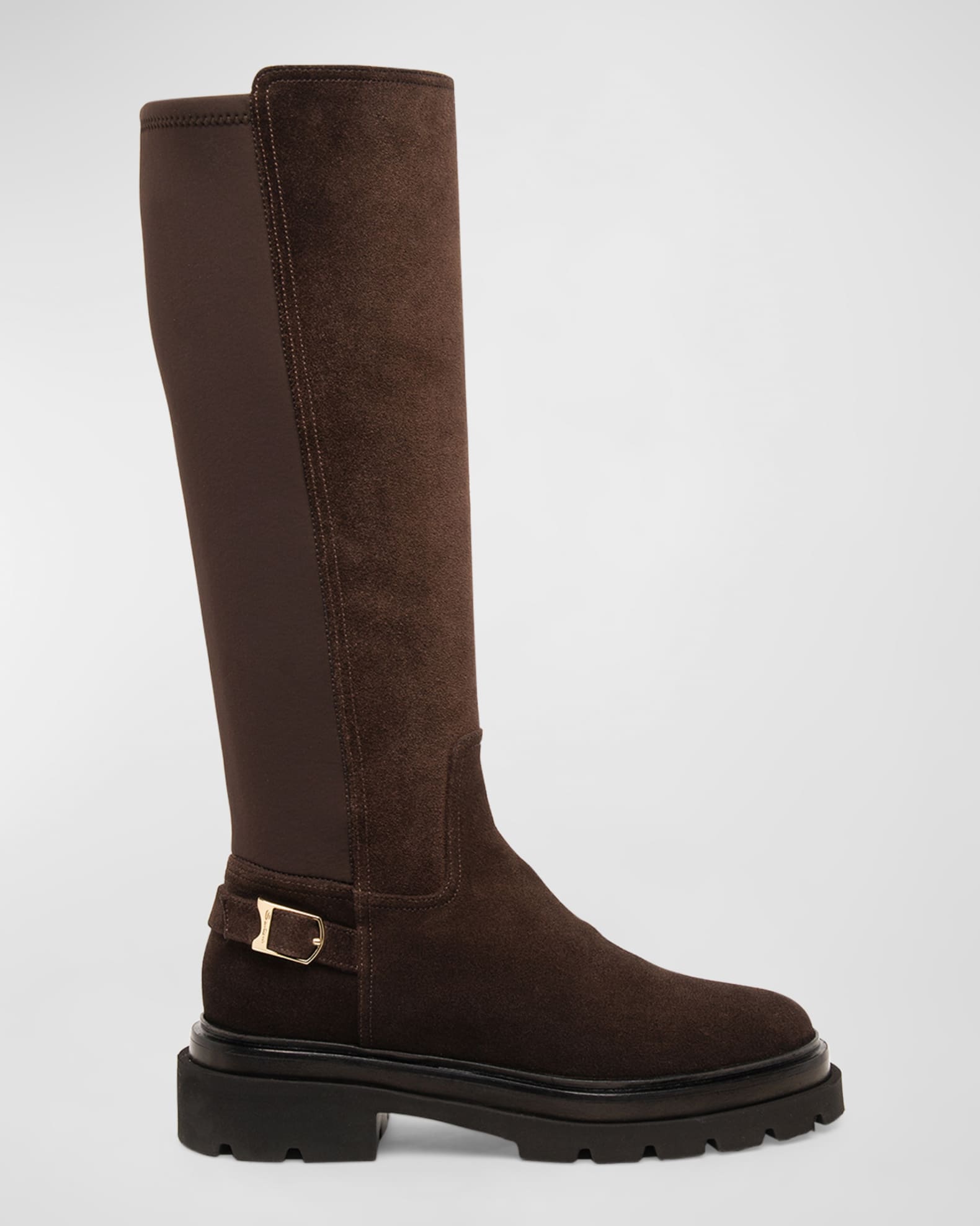 Stretch Suede Buckle Knee Boots