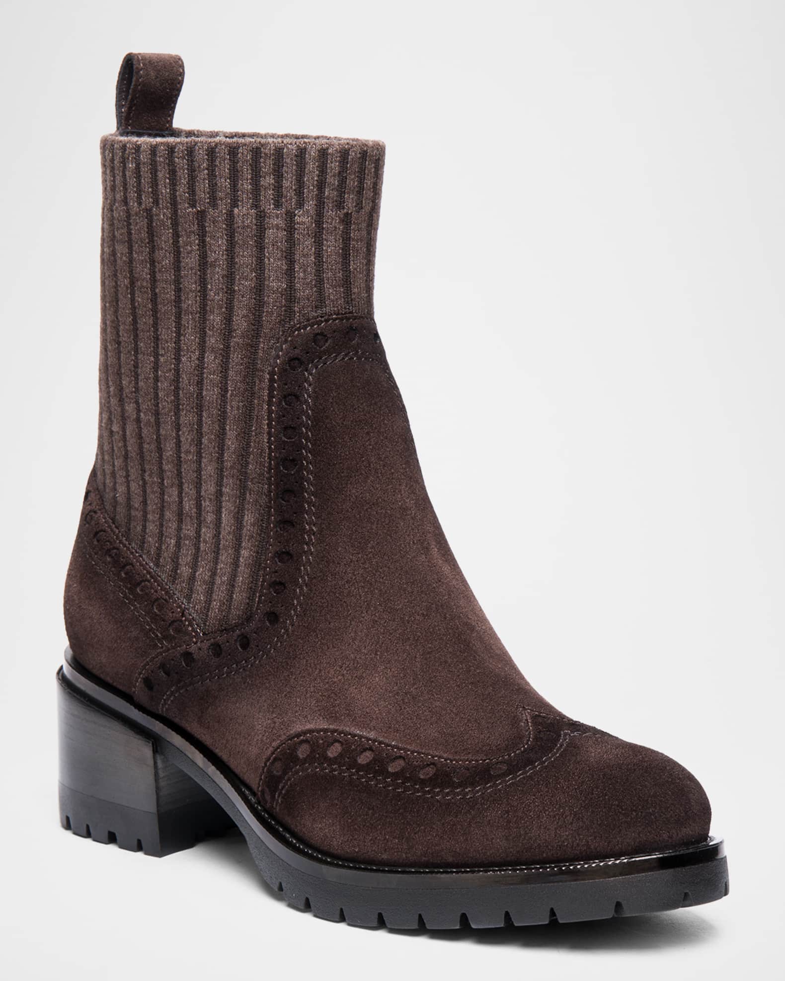 Santoni Ferret Brogue Suede Knit Booties | Neiman Marcus