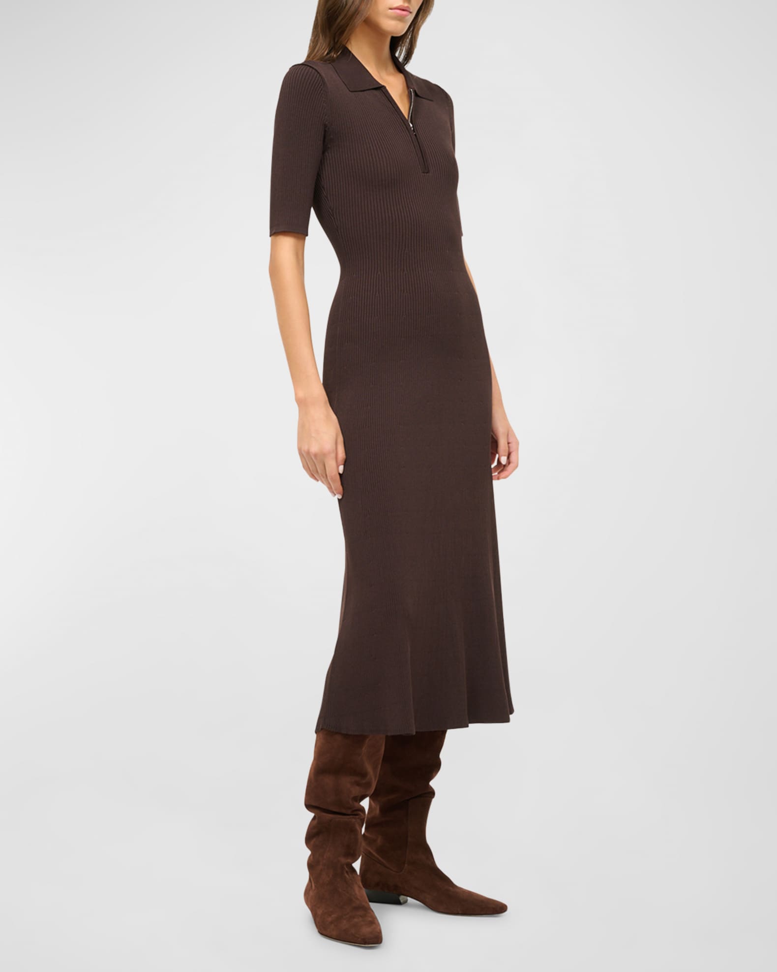 STAUD Roland Short-Sleeve Rib-Knit Midi Dress | Neiman Marcus