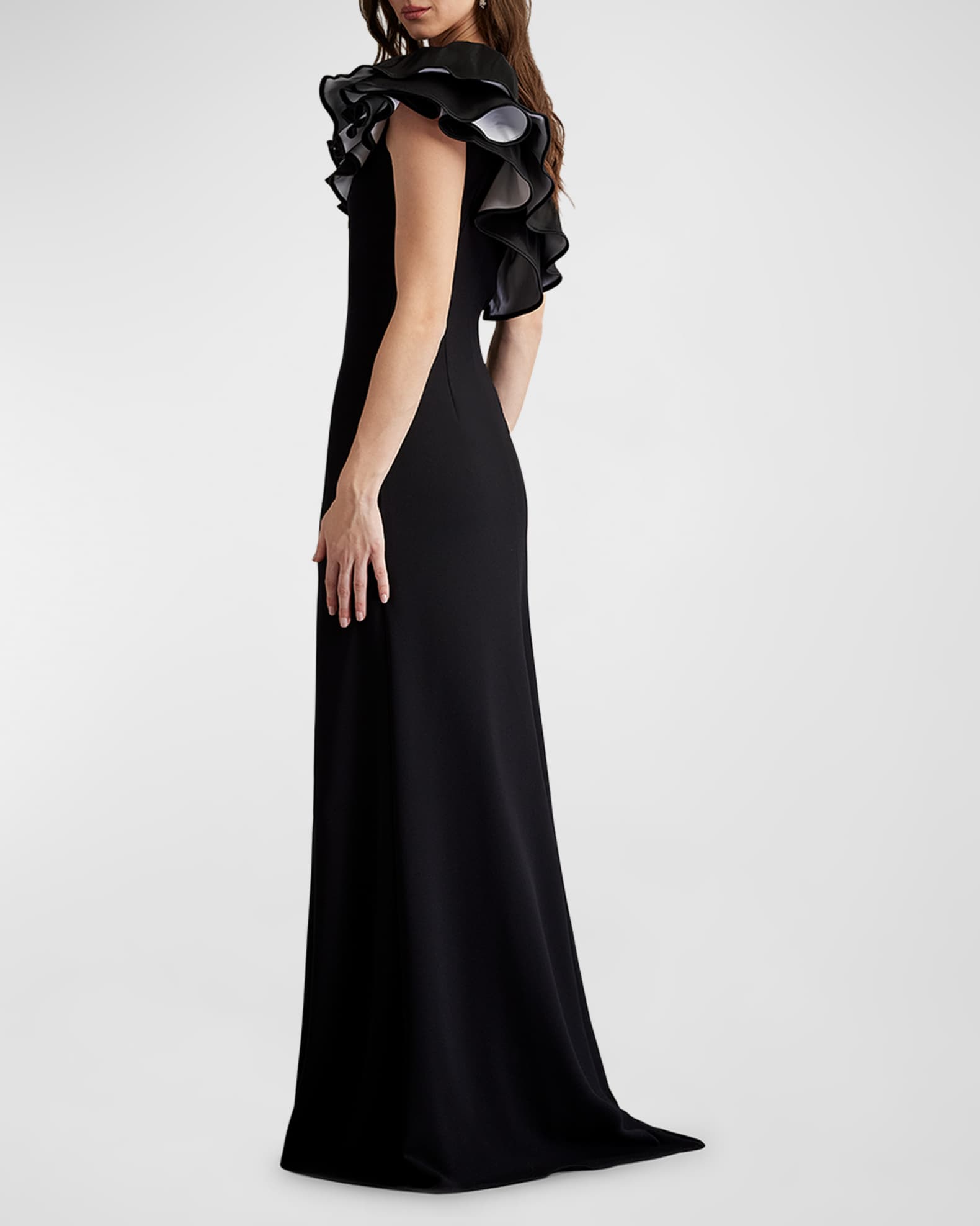 One-Shoulder Ruffle Crepe Gown