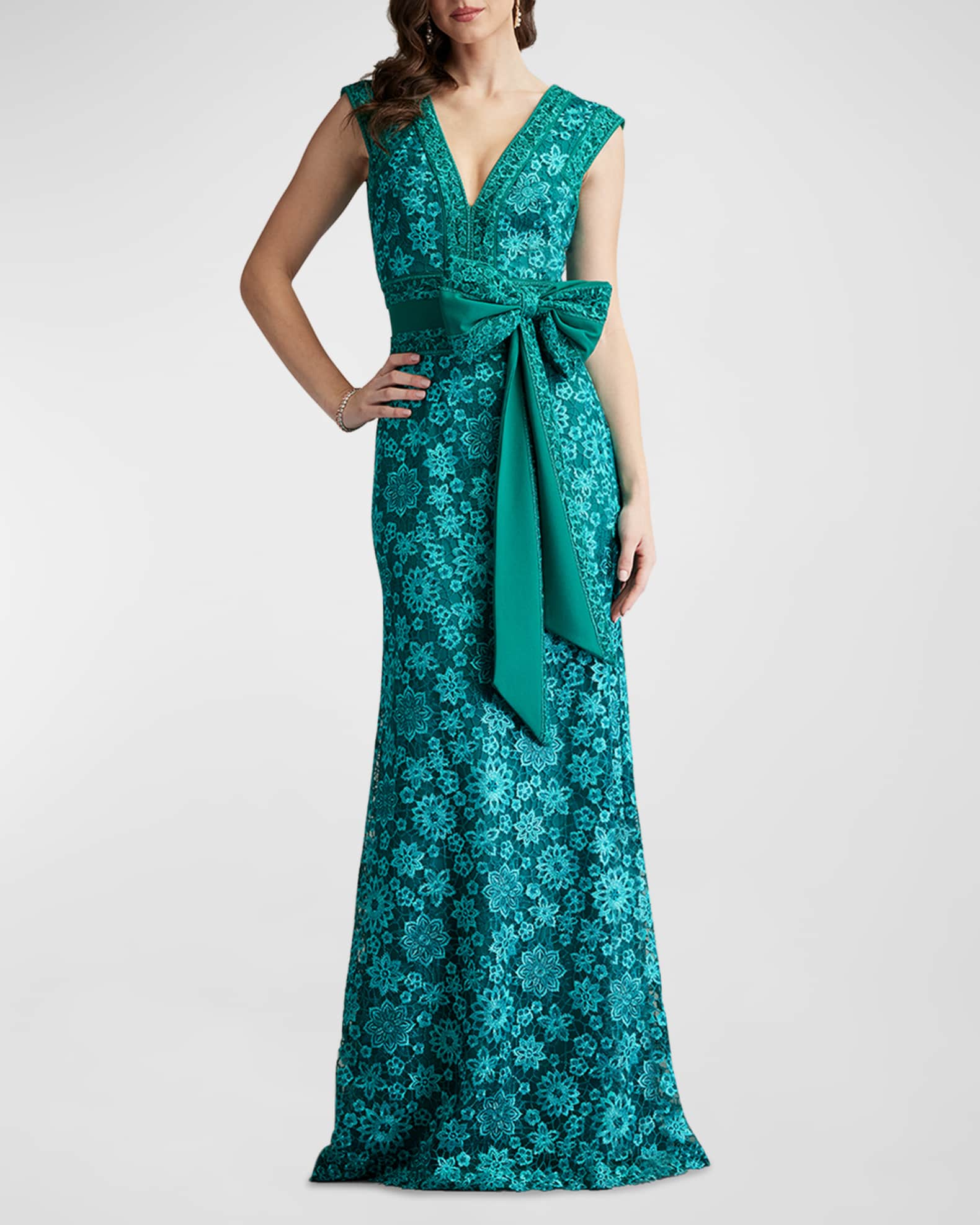 Tadashi Shoji Women s Floral Lace Bow Sleeveless Gown Emerald Size 12