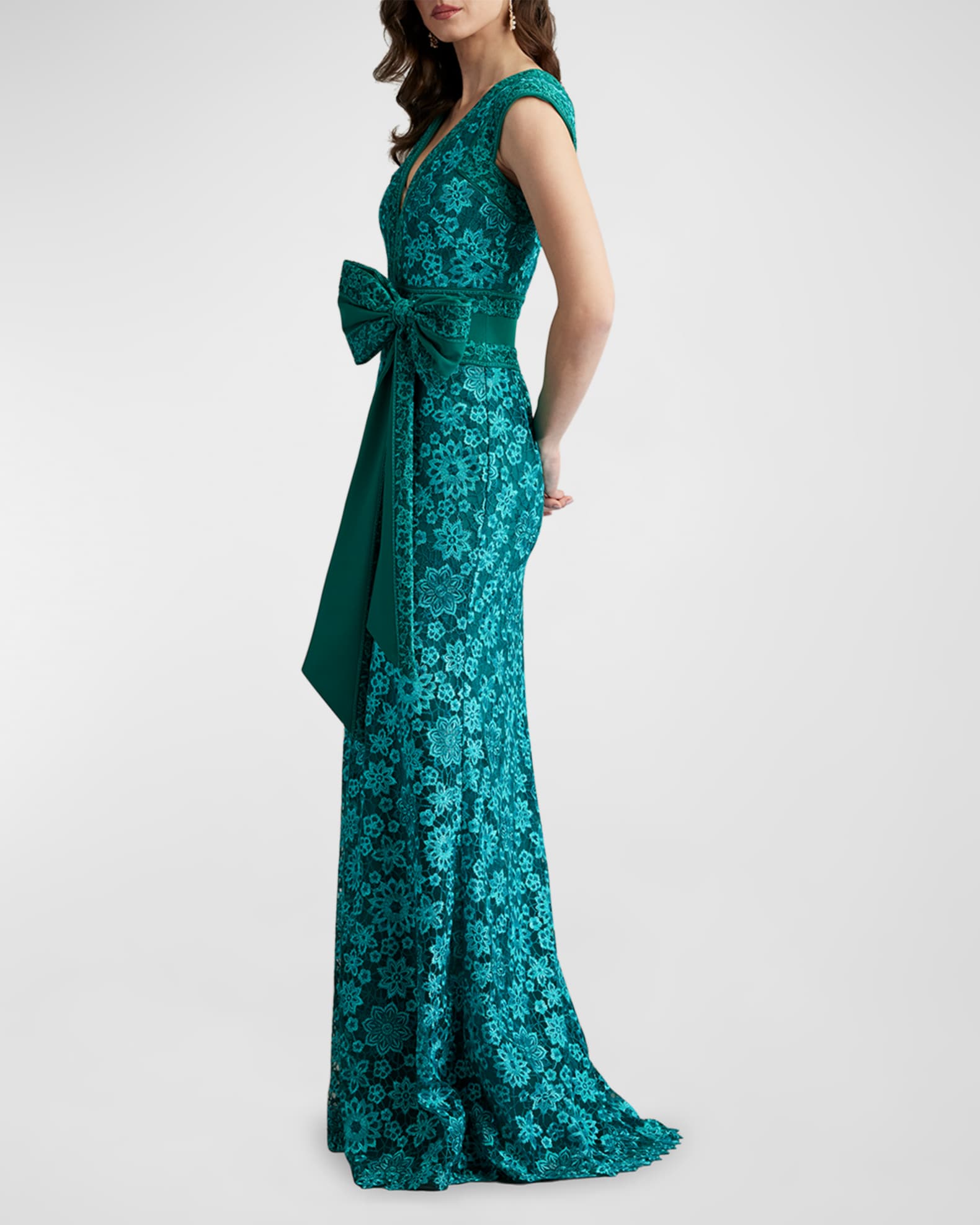 Sleeveless Bow Front Floral Lace Gown