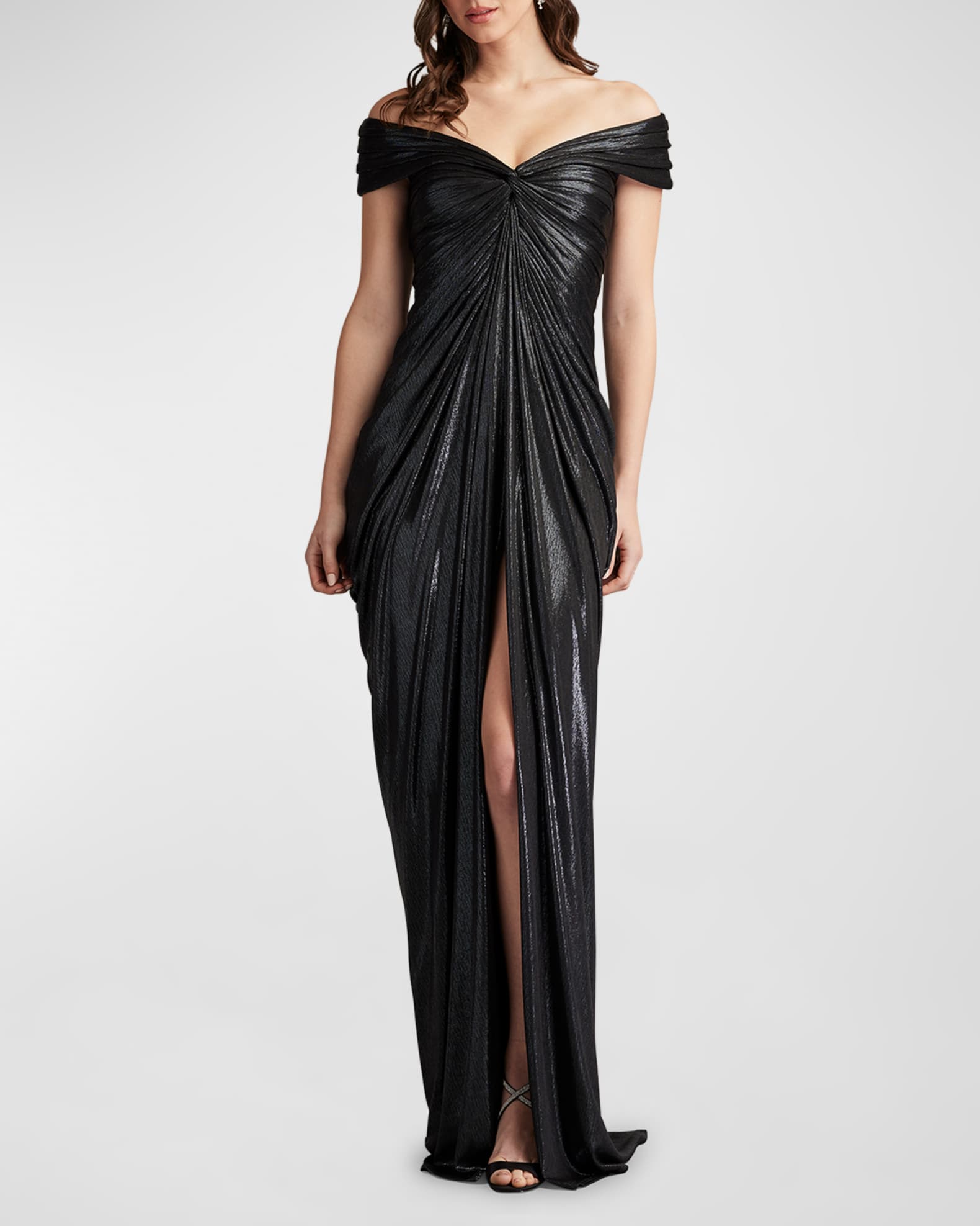 Ruched Off Shoulder Metallic Jersey Gown
