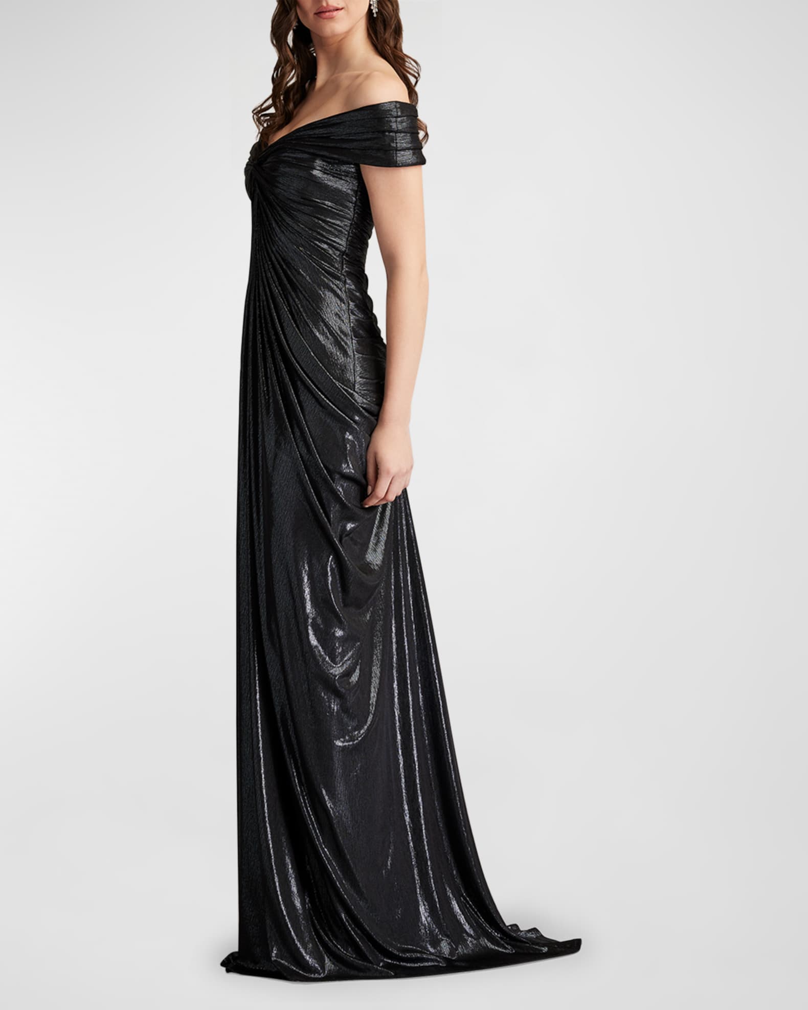 Ruched Off Shoulder Metallic Jersey Gown