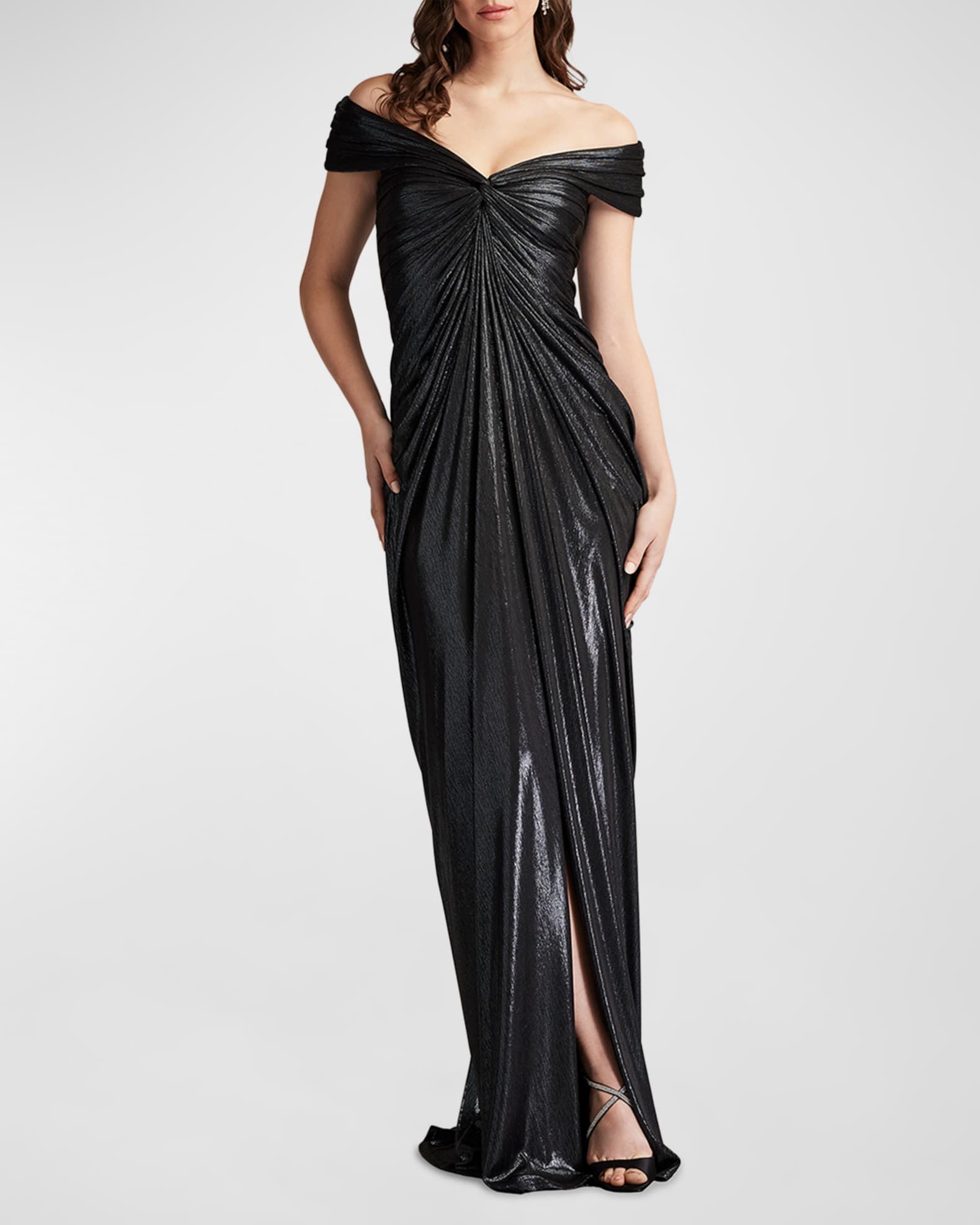 Tadashi Shoji Ruched Off-Shoulder Metallic Jersey Gown | Neiman Marcus