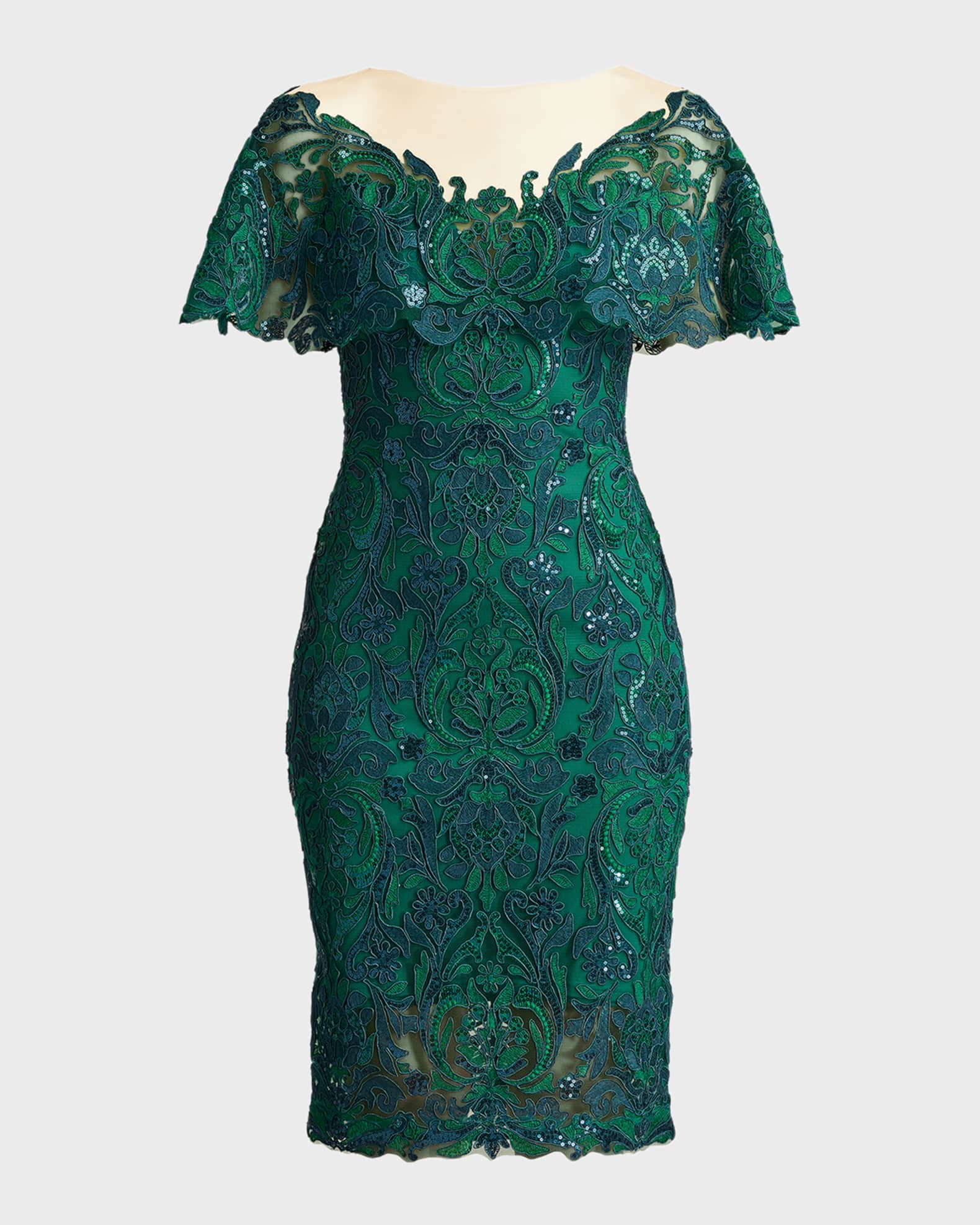 Tadashi Shoji Illusion Sequin Lace Capelet Dress Neiman Marcus