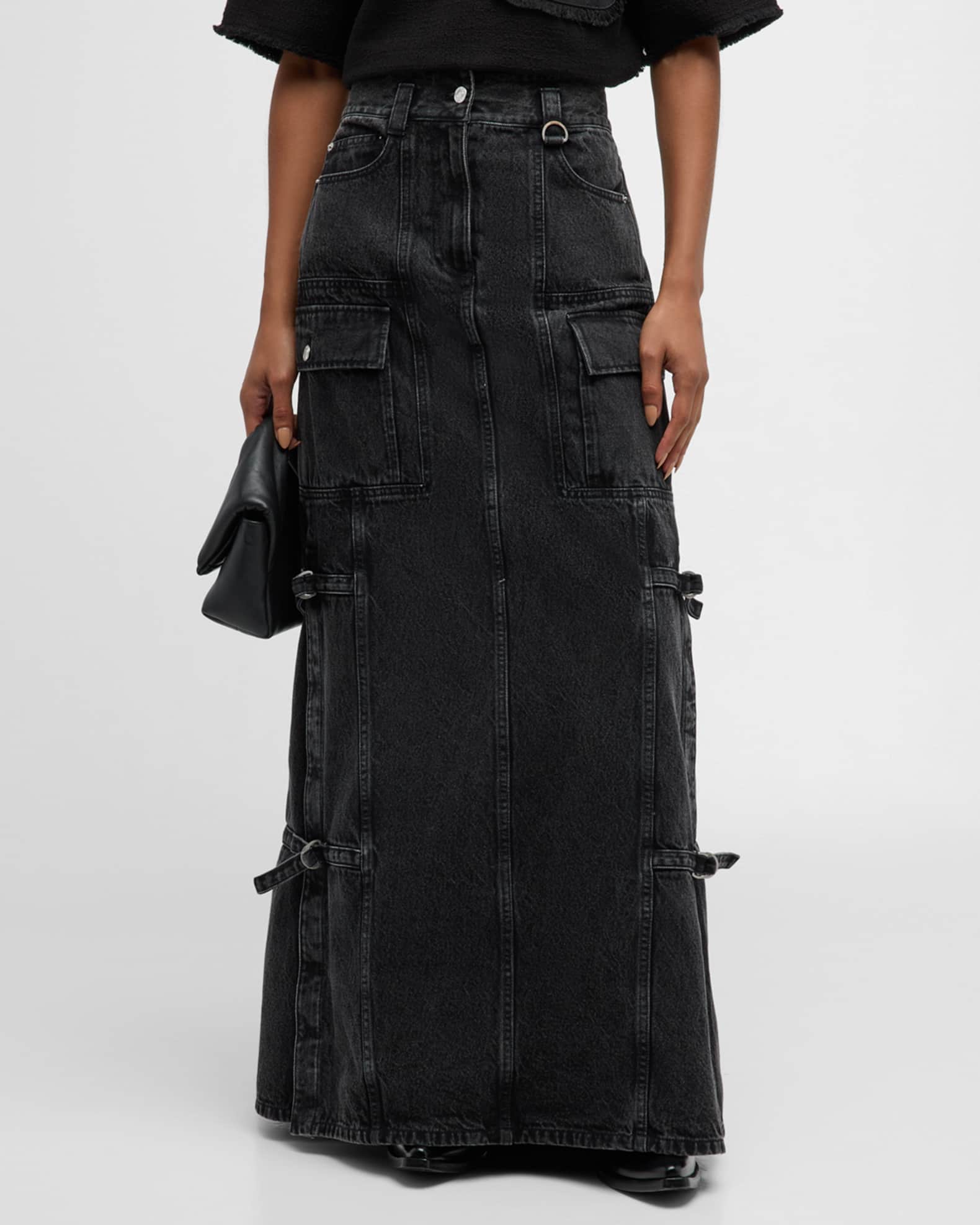 3.1 Phillip Lim Black Cargo Denim Maxi Skirt Washed Blk