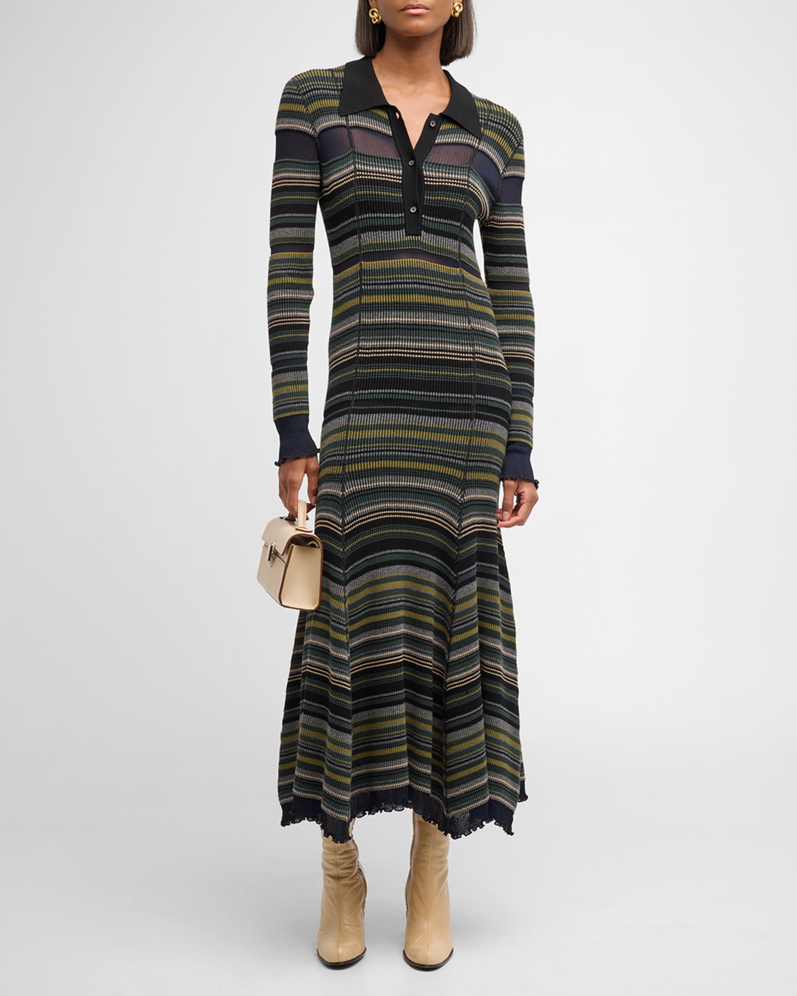 Fashion V Neck Long Sleeve Striped Maxi Dress main image 1