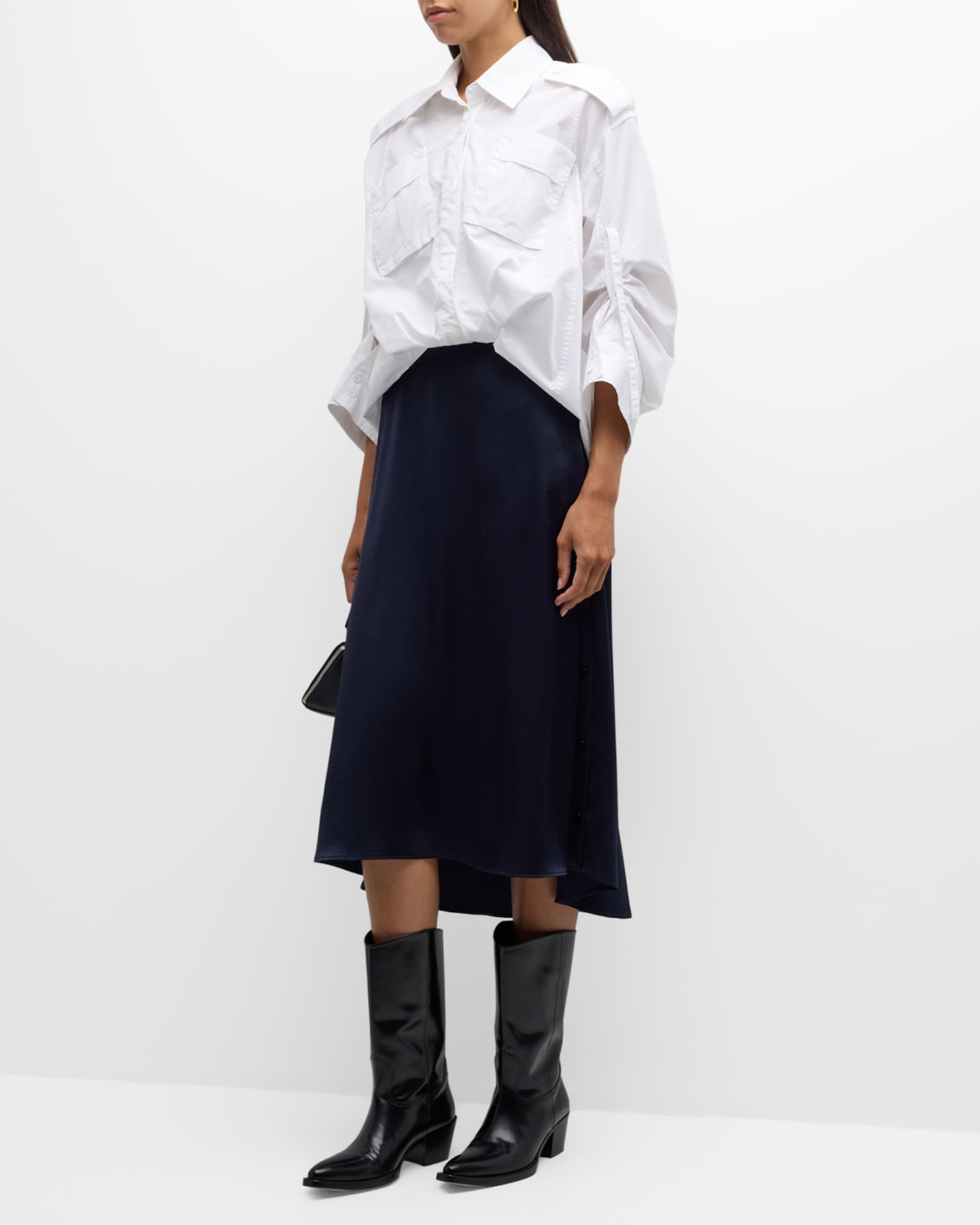 Long-Sleeve Draped Combo Shirtdress 1