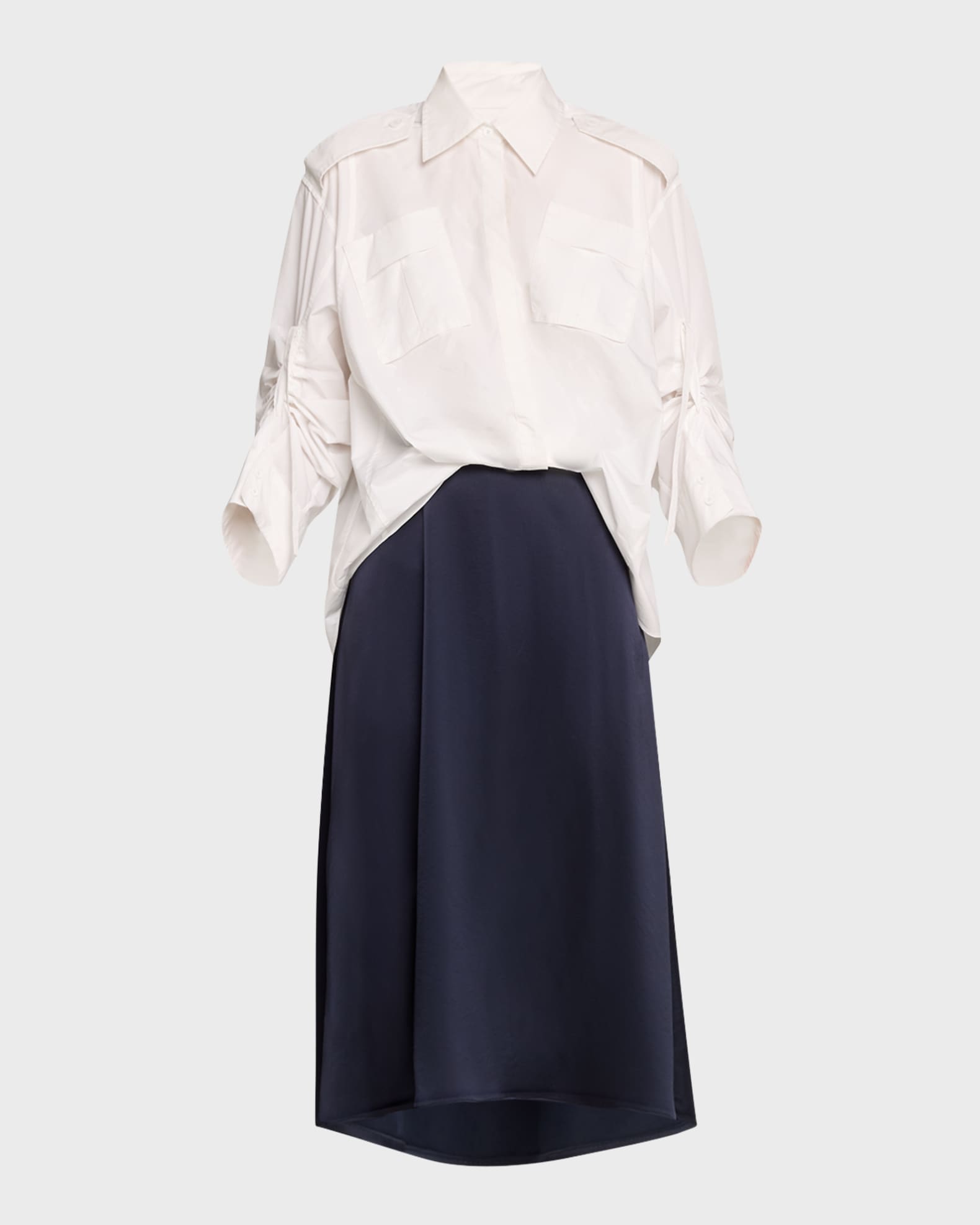 Long-Sleeve Draped Combo Shirtdress 0