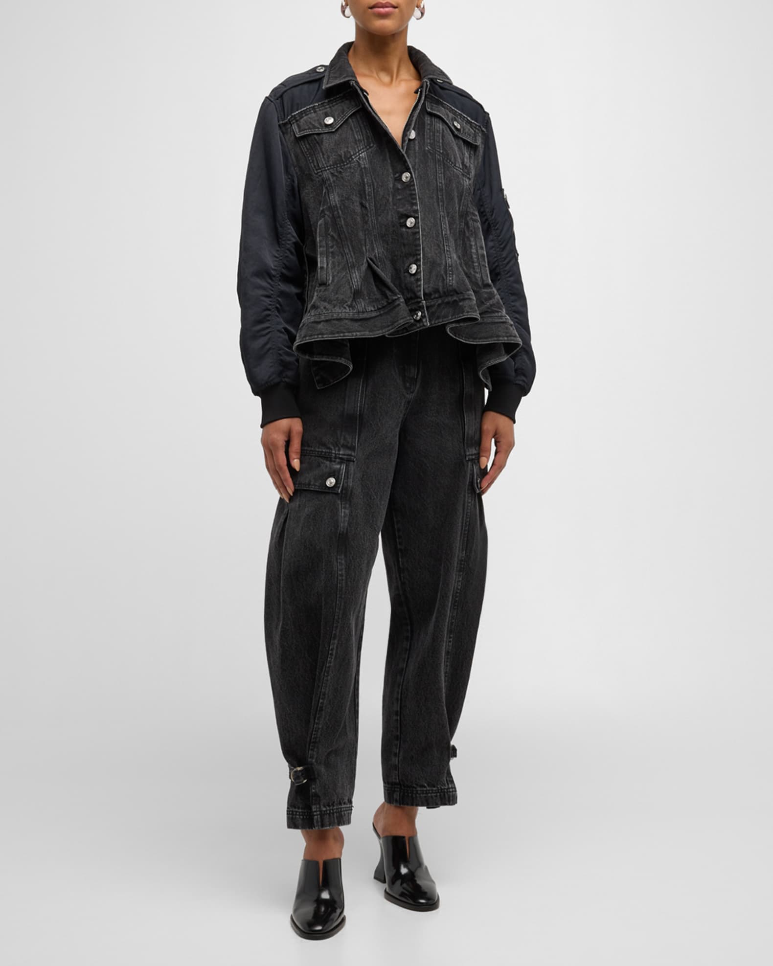 3.1 Phillip Lim Black Hybrid Flight Denim Jacket Washed Blk
