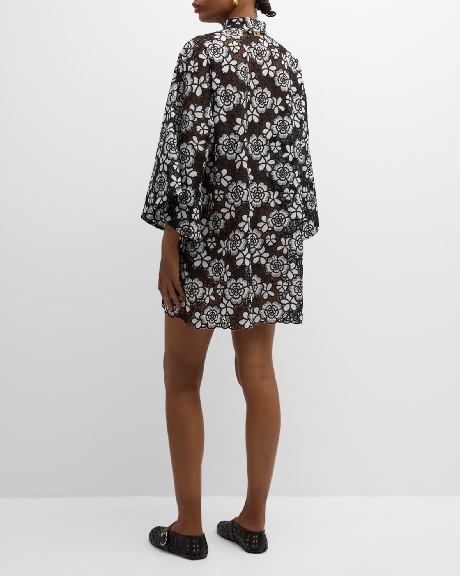 La Vie Style House Floral Lace Mini Caftan Black