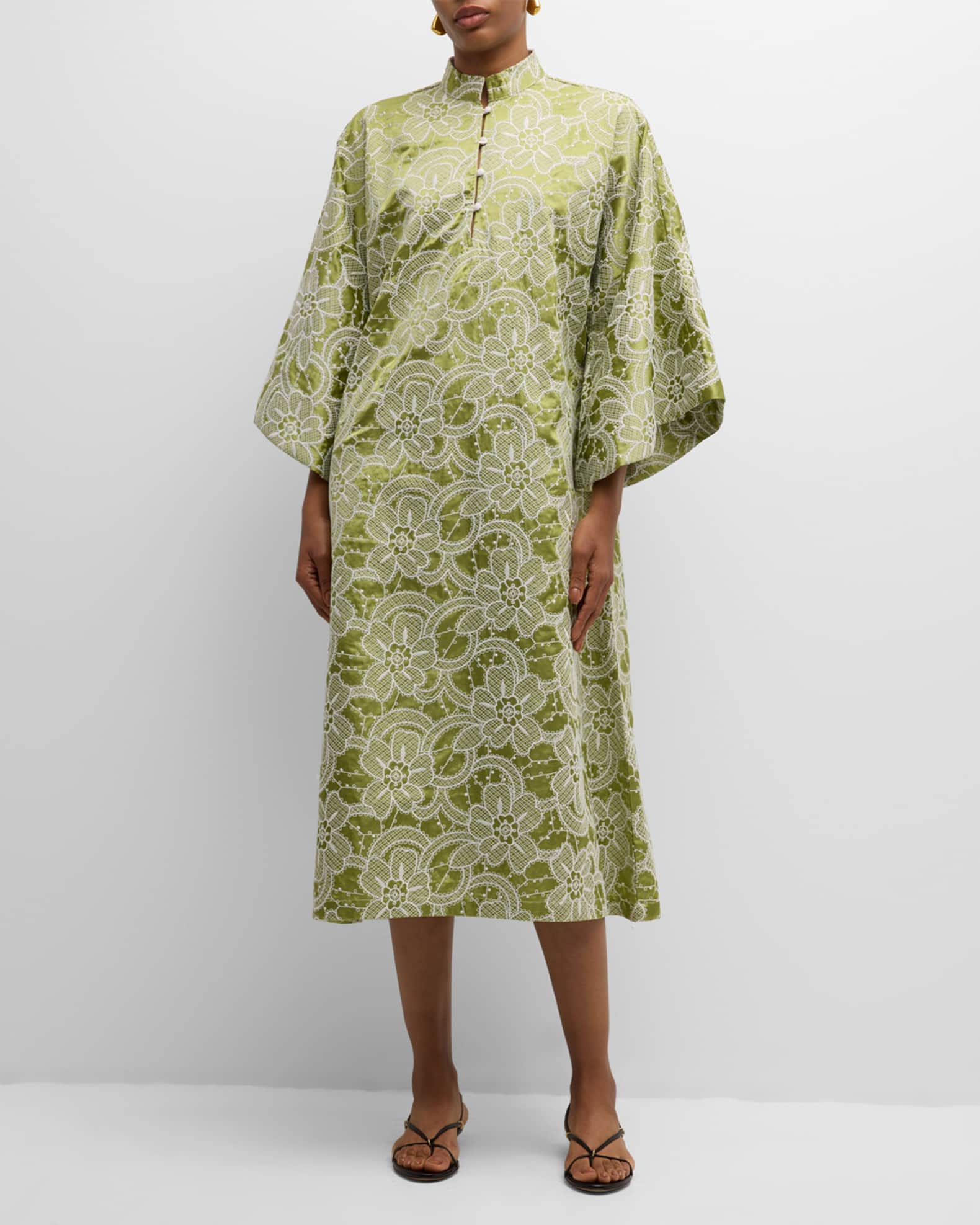 La Vie Style House FloralEmbroidered Satin Maxi Caftan Neiman Marcus