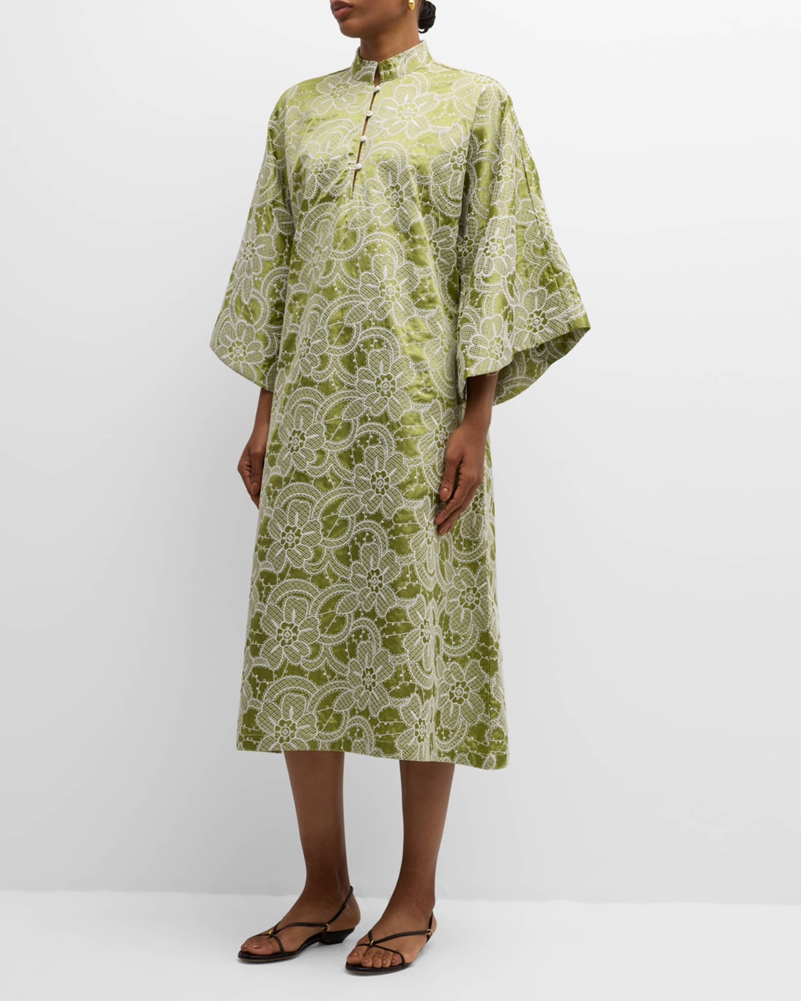 Floral Embroidered Satin Maxi Caftan