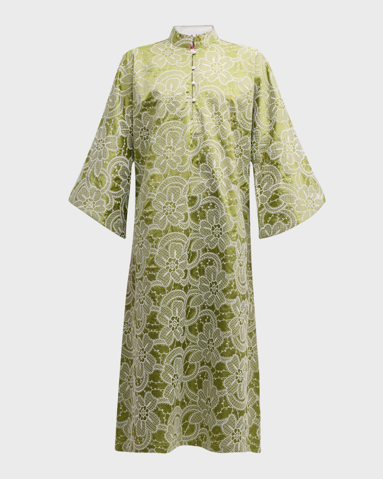 La Vie Style House FloralEmbroidered Satin Maxi Caftan Neiman Marcus