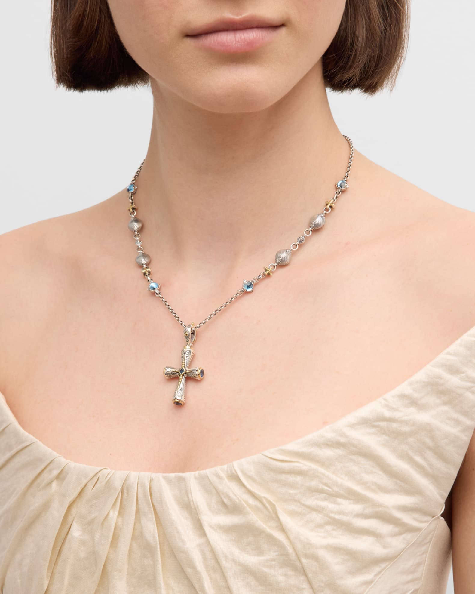 Silver and Gold Deep Blue Spinel Cross Pendant 1