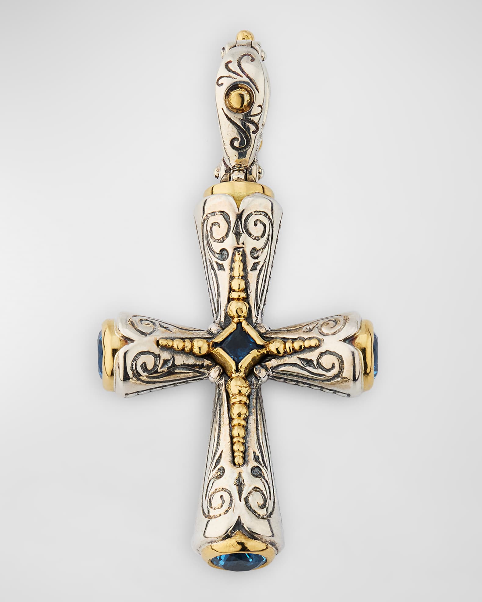 Silver and Gold Deep Blue Spinel Cross Pendant 0