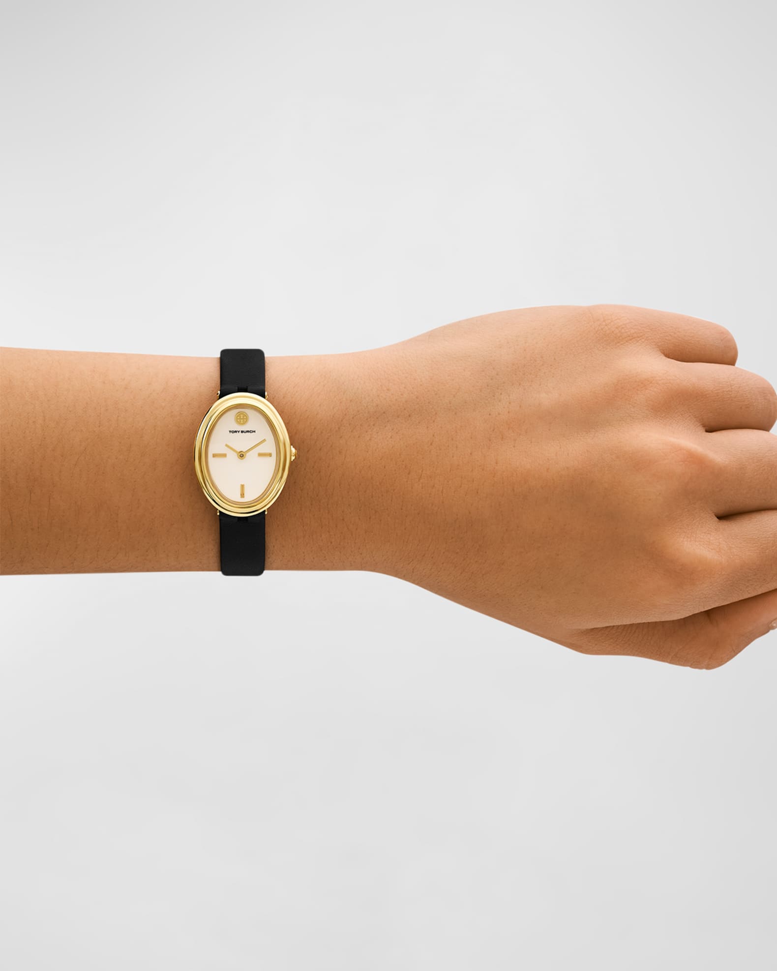 Tory Burch Oval Gold Tone Stainless Steel Black Leather Watch Neiman Marcus