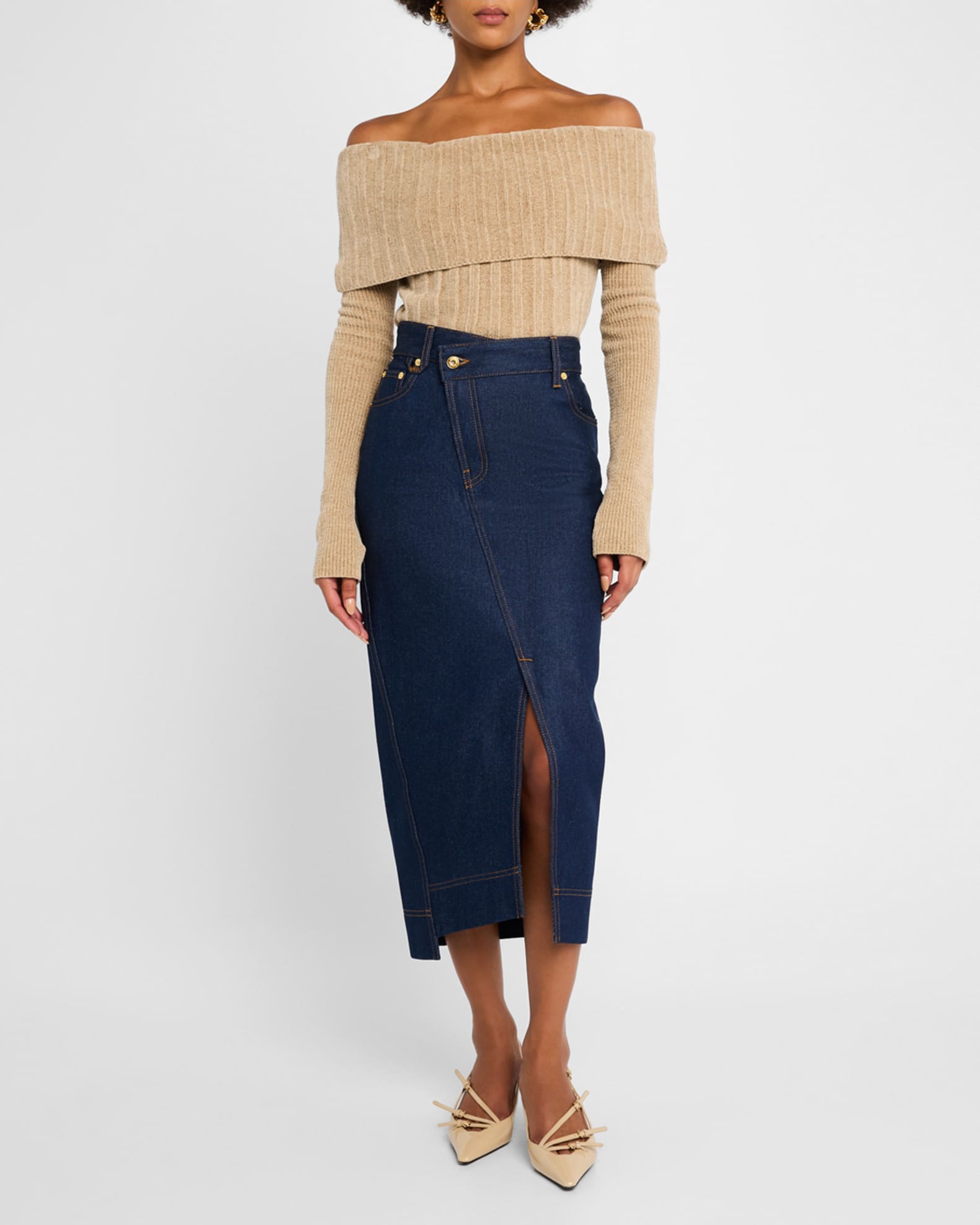 De Nimes Crosswaist Midi Denim Skirt