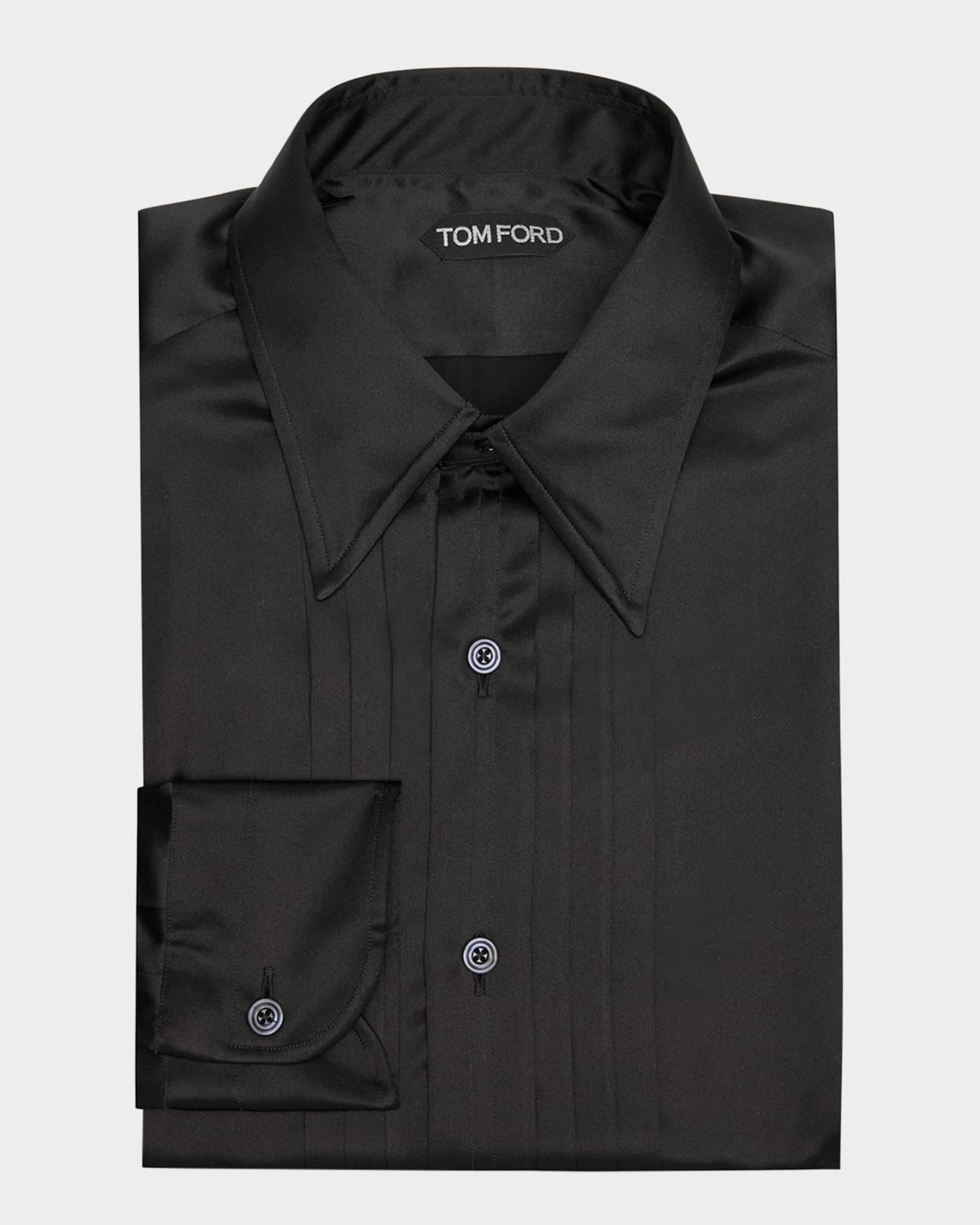 Tom Ford Men s Silk Charmeuse Pleated Dress Shirt Black Men s 16.5 Shirts Tops Formal Evening Dress Shirts