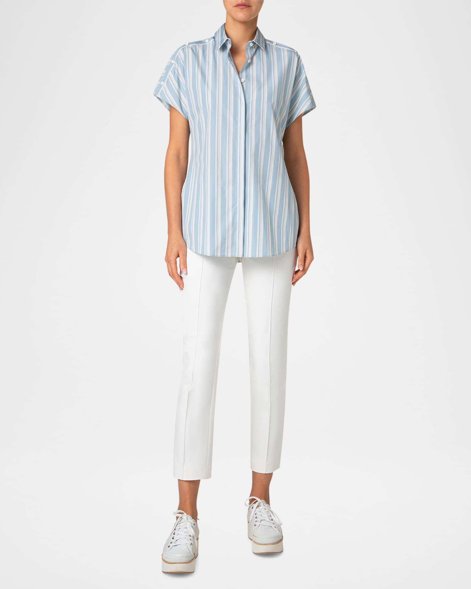 Striped Poplin Short-Sleeve Button-Shoulder Blouse 1