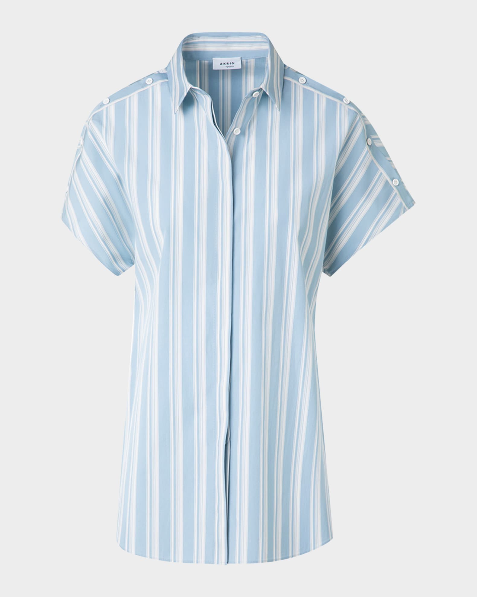 Striped Poplin Short-Sleeve Button-Shoulder Blouse 0