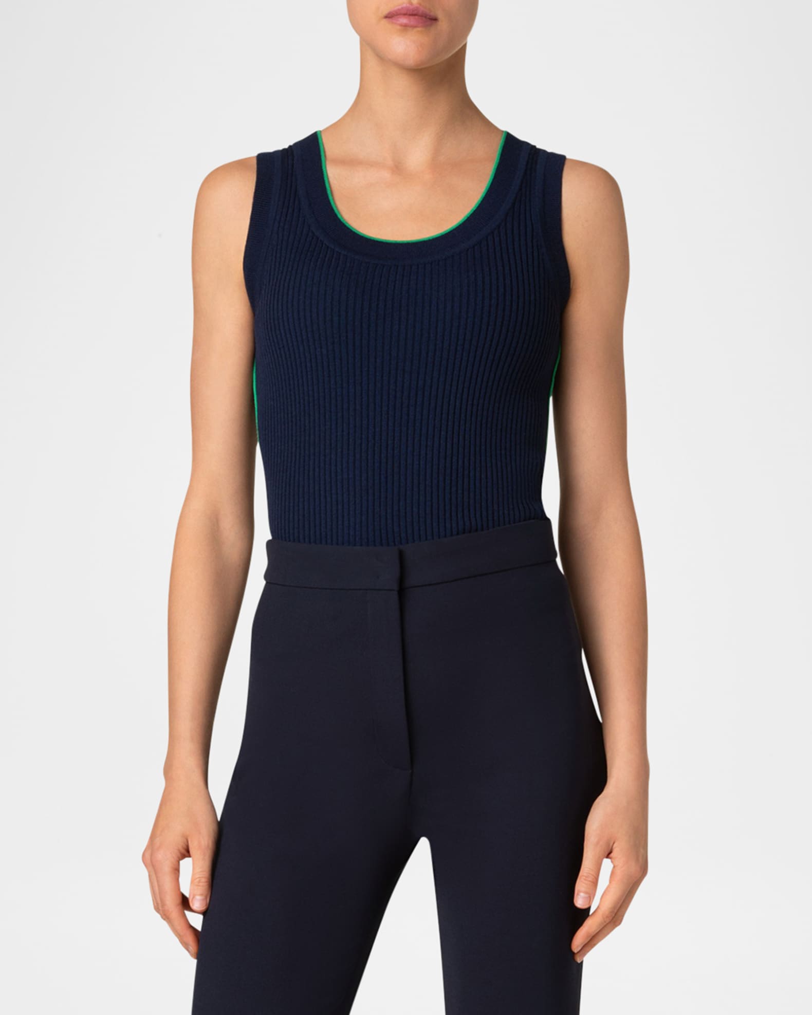 Ribbed Merino Wool Tank Top with Contrast Piping 1