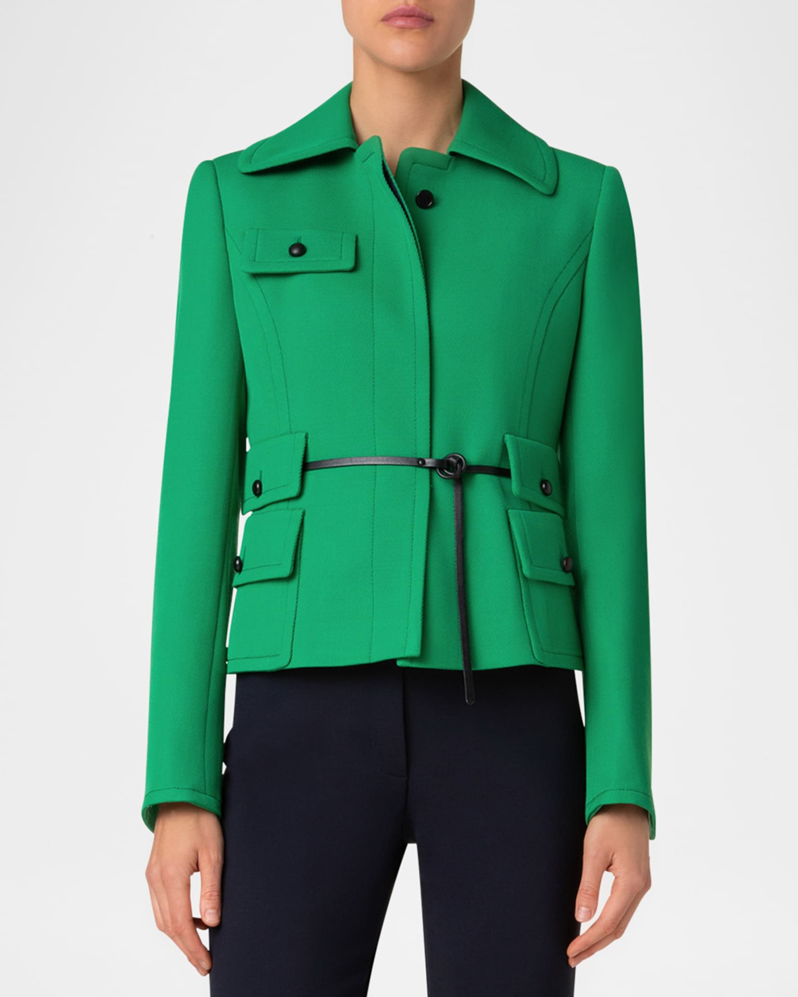 Belted Wool Tricotine Fitted Jacket