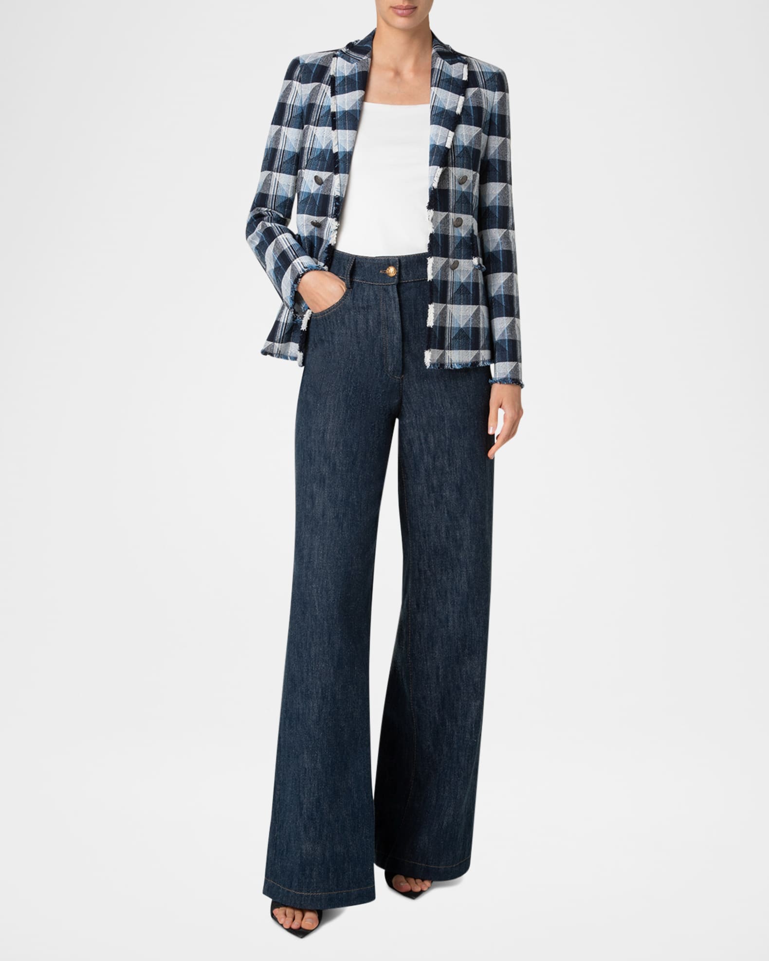 Rhombus Jacquard Denim Blazer with Double Breast Illusion 1