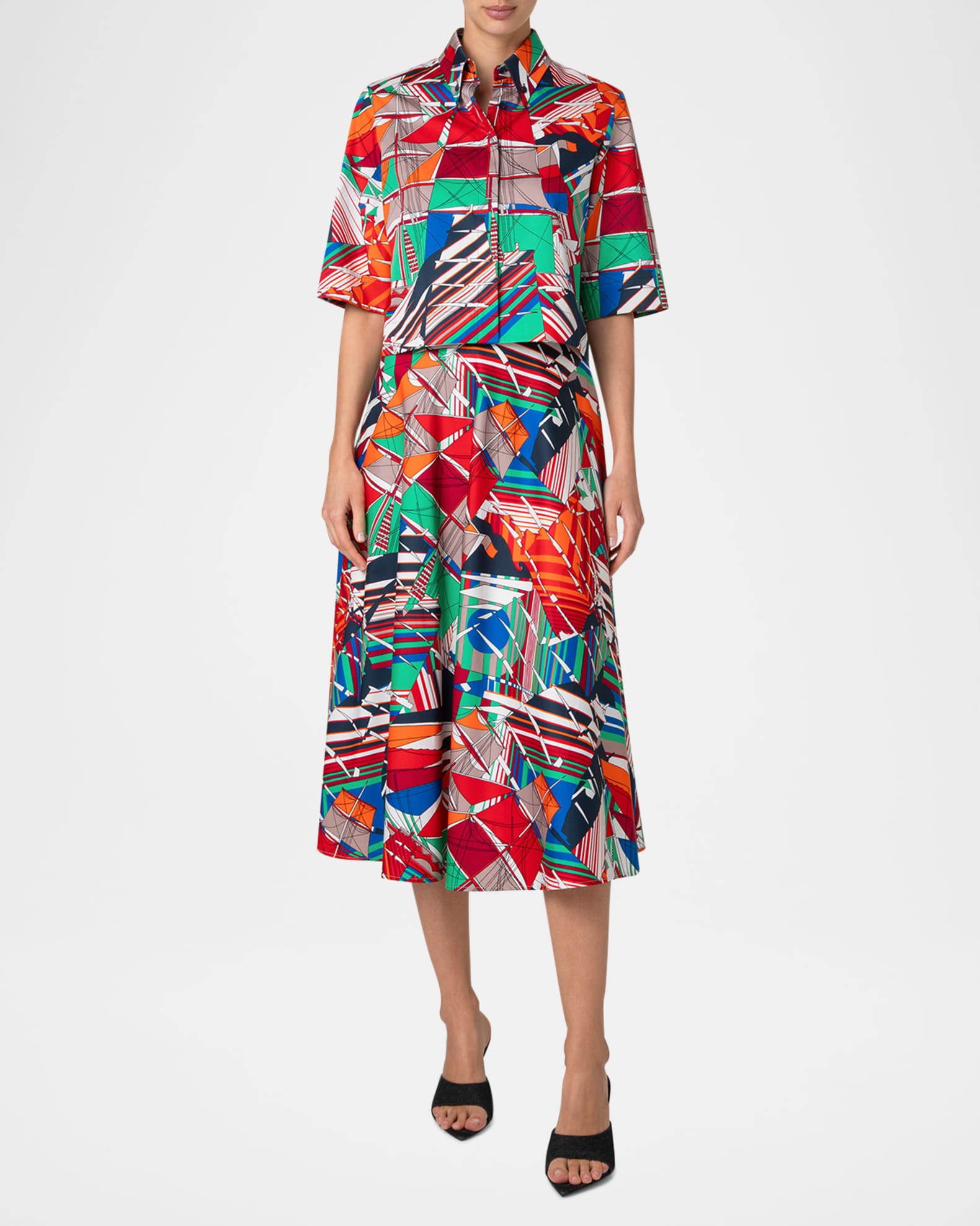 Sea Clipper Print Boxy Cotton Satin Blouse 1