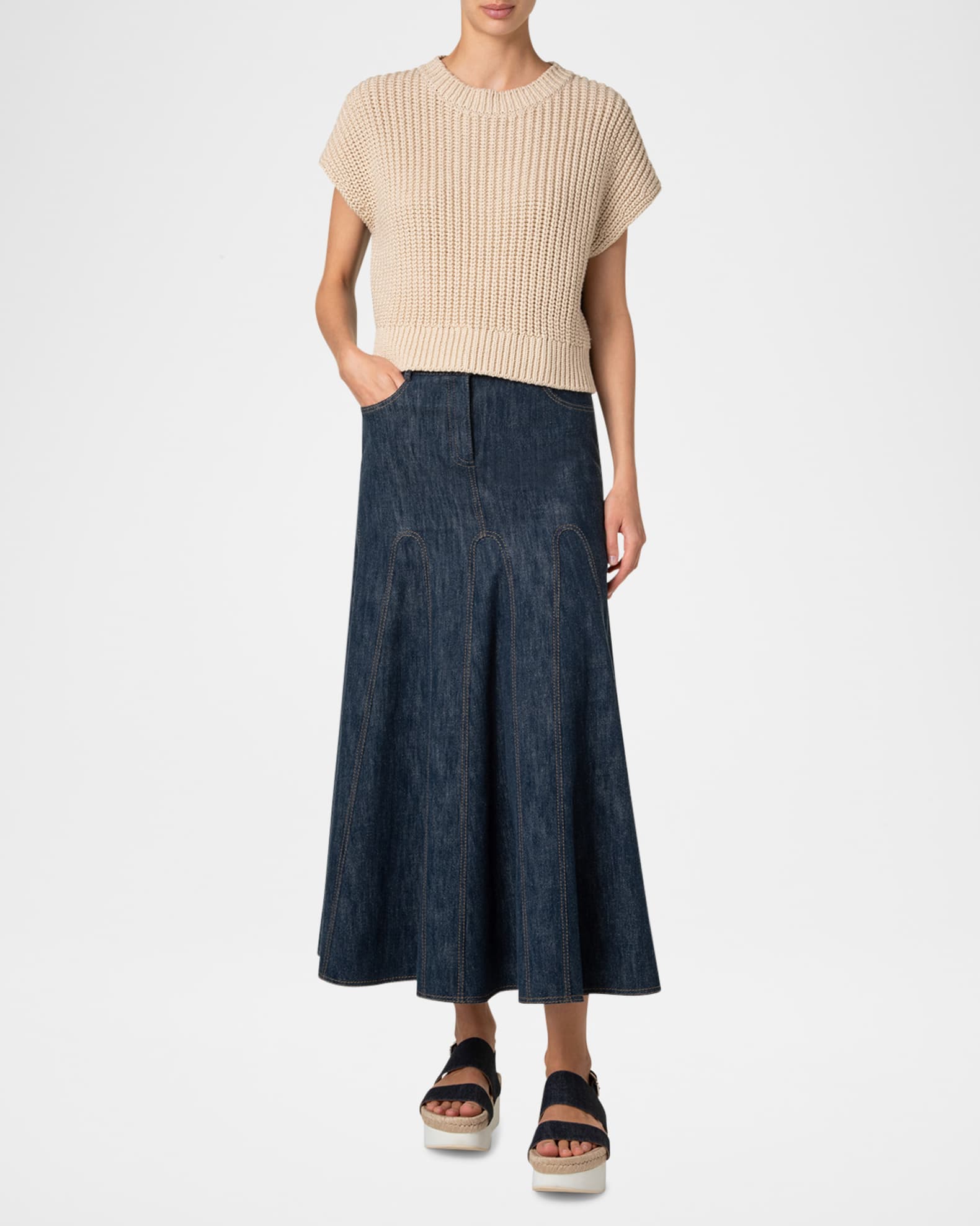 Mixed-Media Colorblock Short-Sleeve Sweater 1