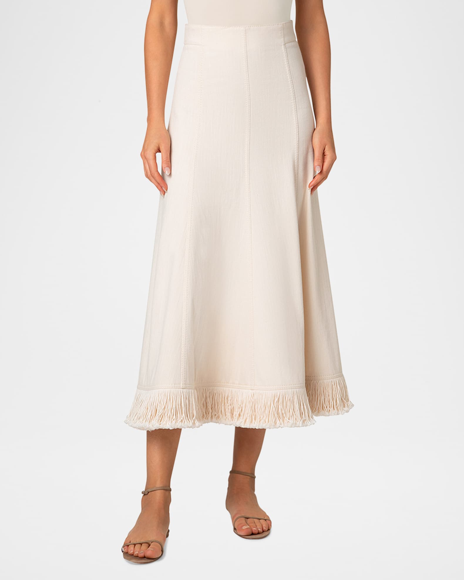Fringe-Hem Cotton-Wool Denim Midi Skirt 1