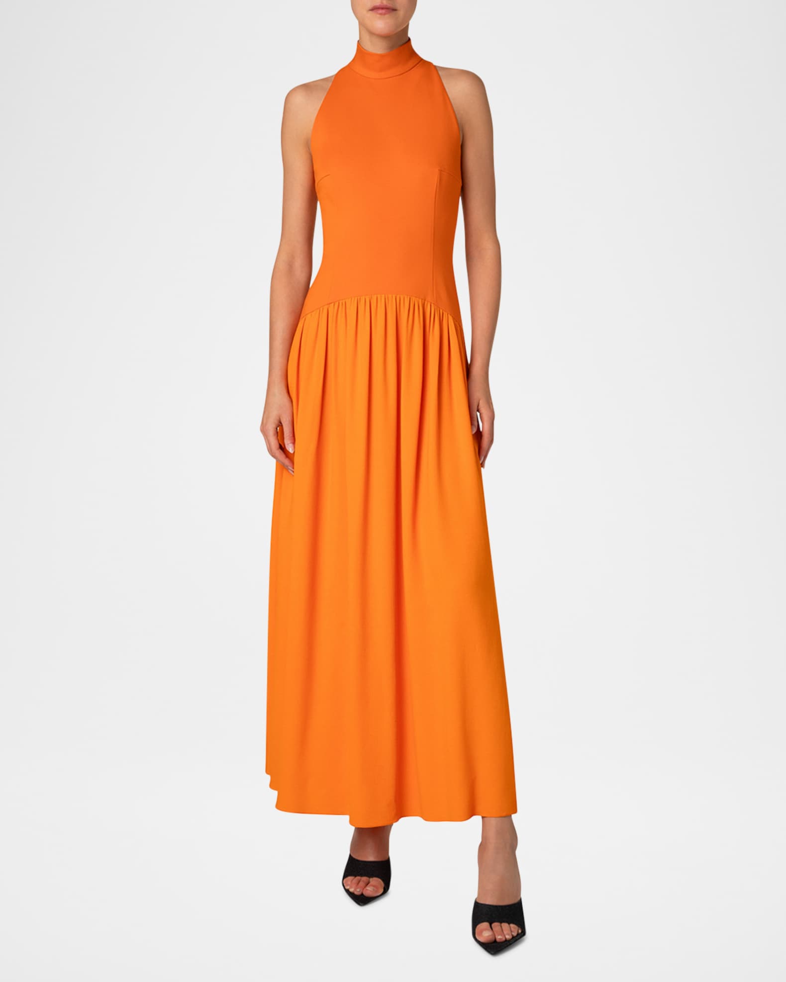 Mixed-Media Jersey Halter Seersucker Pleated Skirt Dress 1