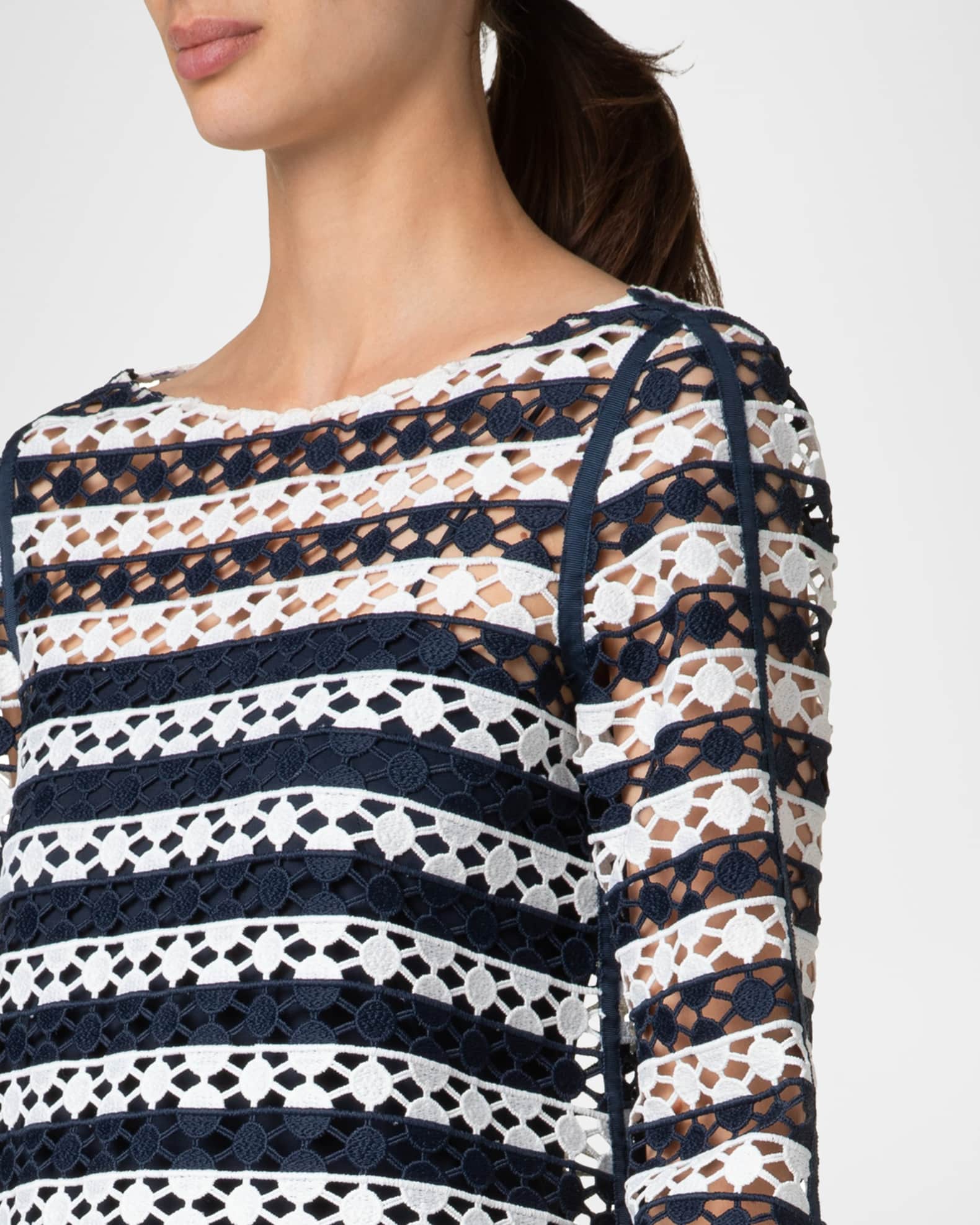Akris punto Kodak Striped Dot Guipure Trumpet-Sleeve Blouse