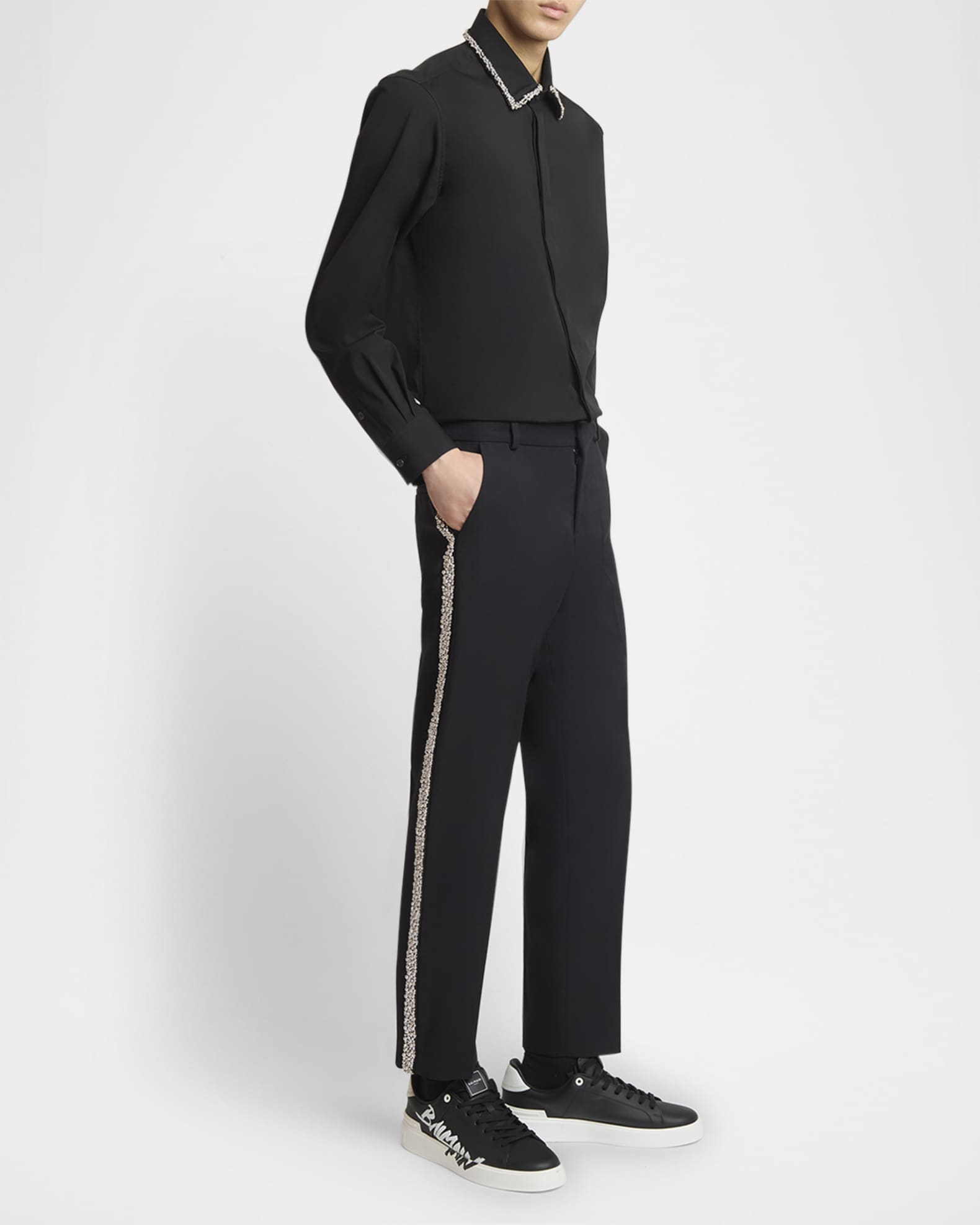Balmain Men's Wool Pants With Strass Piping | Neiman Marcus