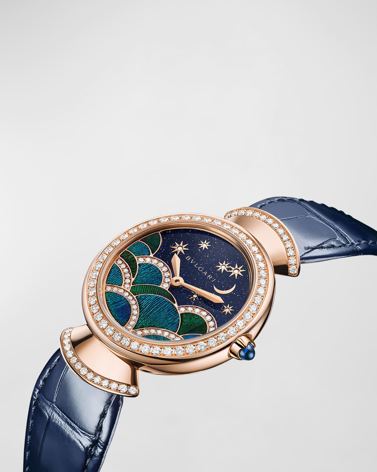 Divas' Dream 33mm Rose Gold Aventurine Watch with Diamonds and Blue Alligator Strap 1