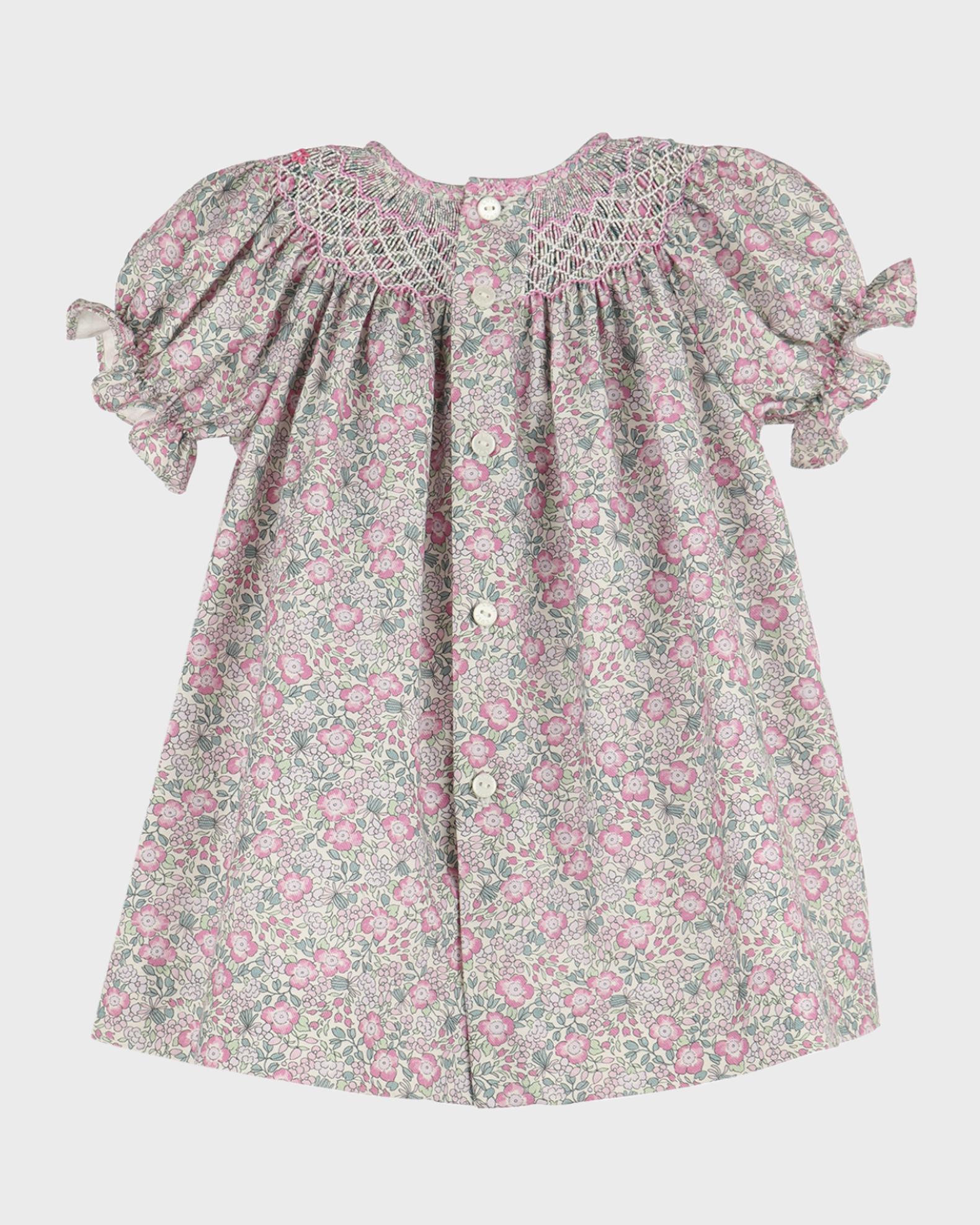 LuLu BeBe Girls Sweet Pink Toile Smocked Bishop Dress